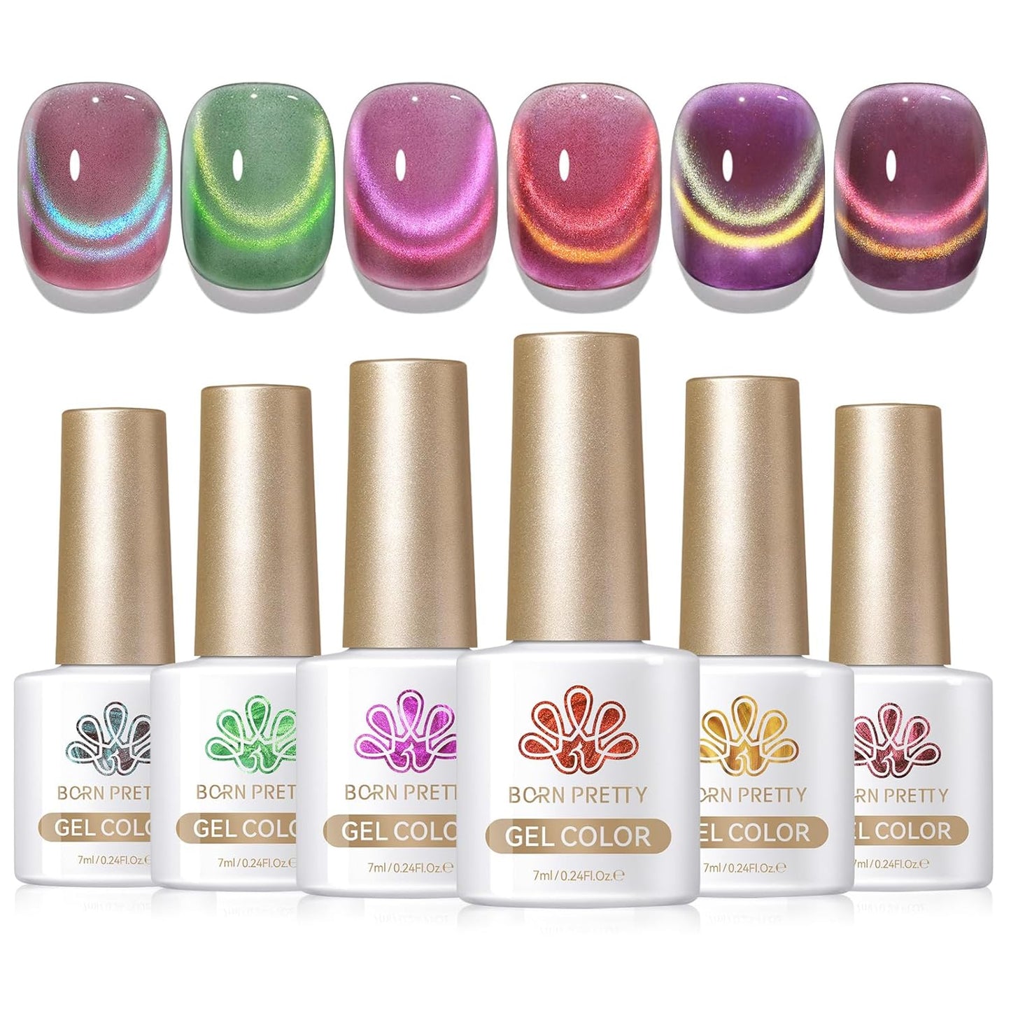 Born Pretty Cat Magnetic Eye Gel Nail Polish Rainbow Aurora Cat Magnetic Gel Polish Pink Green Blue Yellow Glitter Holographic Cat Magnetic Eye Gel Manicure Nail Art DIY, Firefly Aurora Series 6PCS