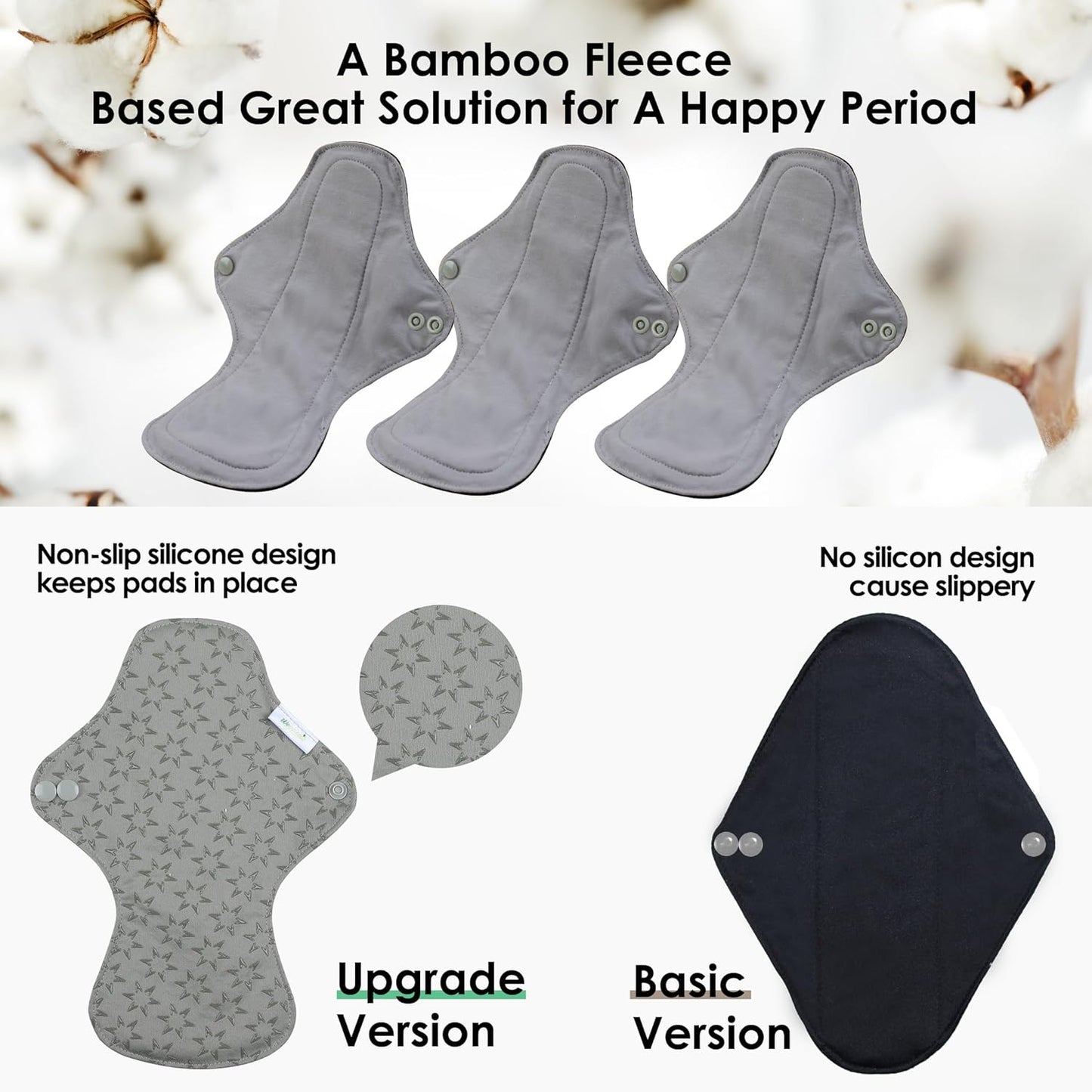 wegreeco 6 Pcs Reusable Menstrual Pads, Ultra Absorbent Cloth Pads for Heavy Flow, Sanitary for Teens,Women, Nonslip, Grey Inner, Grey Outer, Large