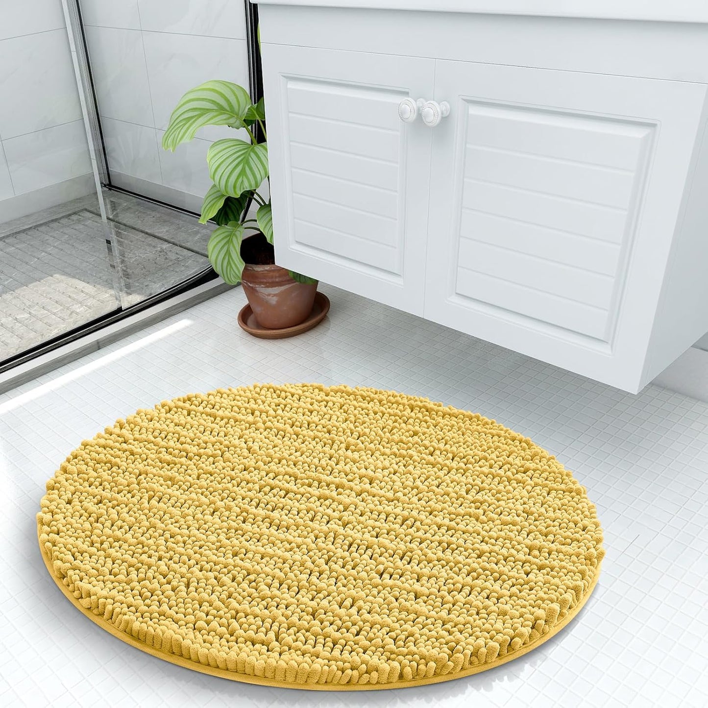 Arotive Luxury Round Chenille Bathroom Rug Mat, Extra Soft Thick Absorbent Shaggy Bath Rugs, Non-Slip Machine Wash Dry Plush Bath Mats for Bathroom, Shower and Tub, 24x24, Yellow