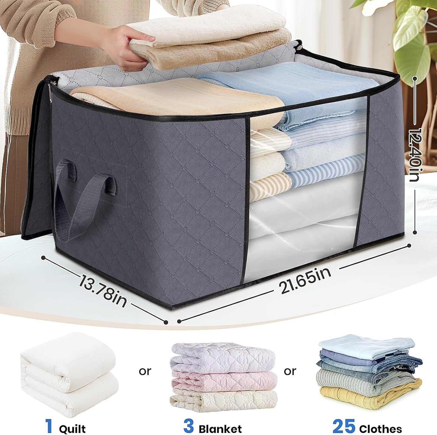 Fab totes 3-Pack Clothes Storage, Foldable Blanket Storage Bags, Containers for Organizing Bedroom, Closet, Clothing, Comforter, Organization with Lids and Handle, Grey