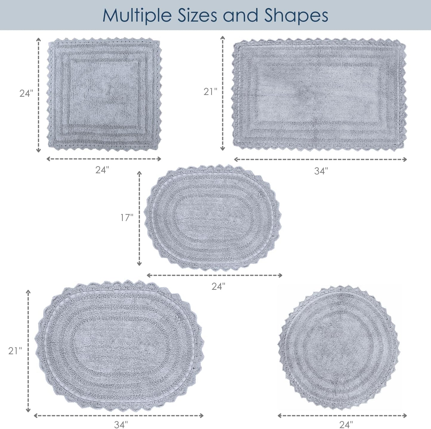 RAJRANG Light Grey Bath Mat for Bathroom Spa with Crochet Absorbent Soft Reversible Boho Bath Rug Rectangle 34x21 Inch