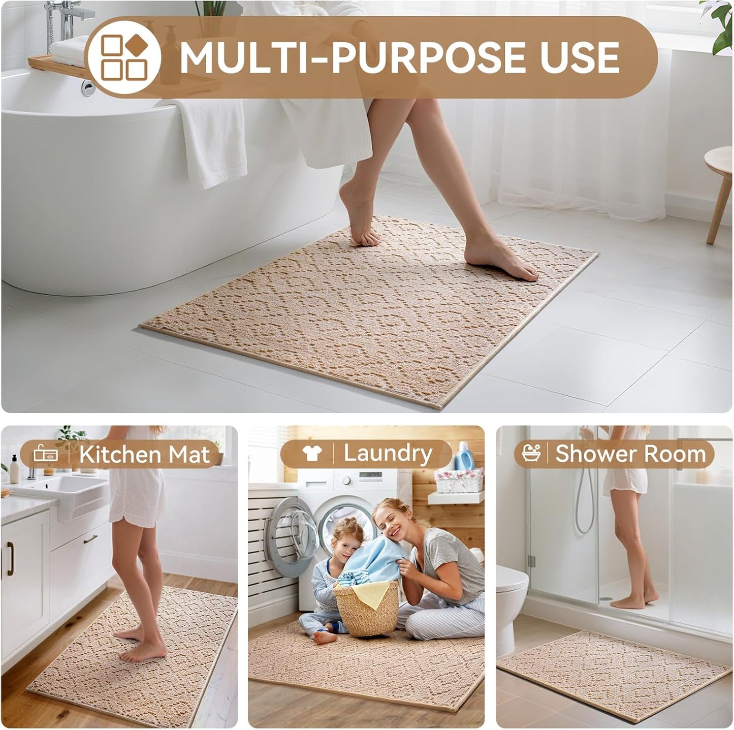 Bathroom Rugs Non Slip, Super Absorbent Quick Dry Bath Mat, Rubber Backing Ultra Thin Bathroom Mats Fit Under Door Bathroom Floor Bathtub Shower