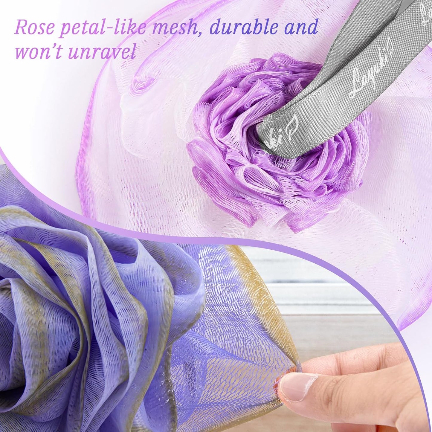 Bath Loofah, Shower Loofah, Body Loofah, Bath Sponge, Shower Sponge, Body Sponge, Bath Scrubber, Shower Scrubber, Body Scrubber, Rose-Shaped, Elegant (Set of 2 Pieces,Purple and Grey)