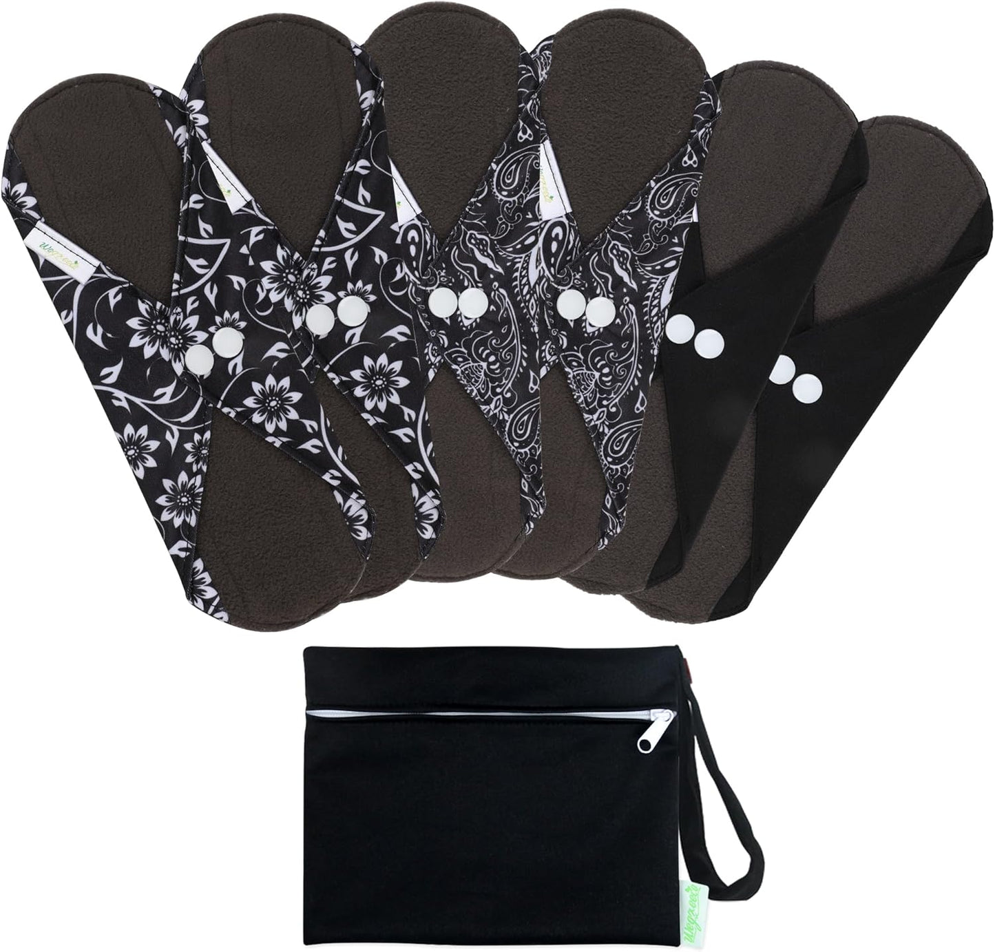 Wegreeco Reusable Menstrual Pads - Soft Cloth Sanitary Pads & Panty Liners - 6 Pack with 1 Cloth Mini Wet Bag (Large, Black Flowers)