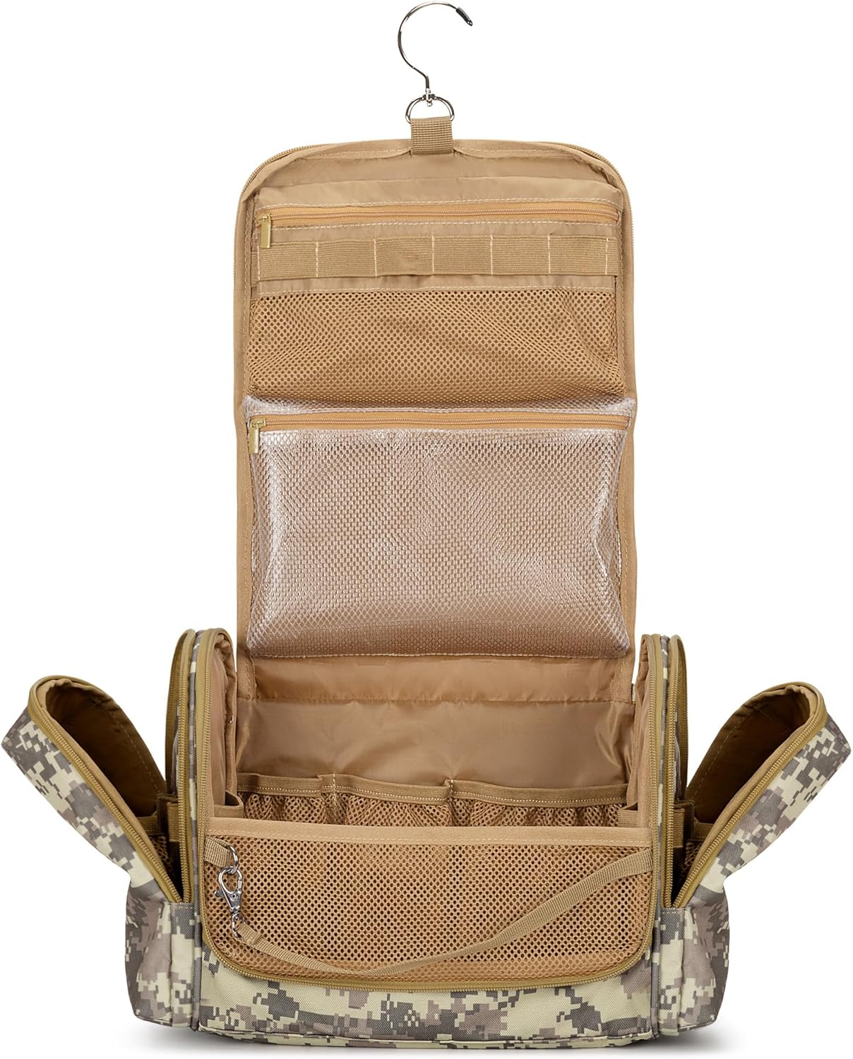 Tactical Toiletry Travel Bag for Men, Hanging Dopp Kit Hygiene Bag Shower Organizer with Hook for Toiletries and Shaving Care, Desert Yellow (Empty Bag)