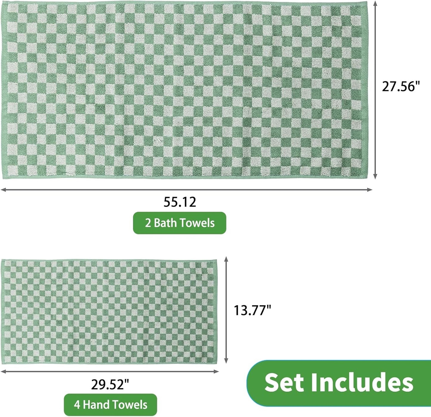 Checkered Bath Towels Set of 6 Large, 520GSM, 100% Cotton Shower Towels * 2 (55.12"*27.56"), Hand Towels * 4 (29.52"*13.77"),Towels for Bathroom、Pool、Hotel, Spa, Soft Absorbent（Dark Green