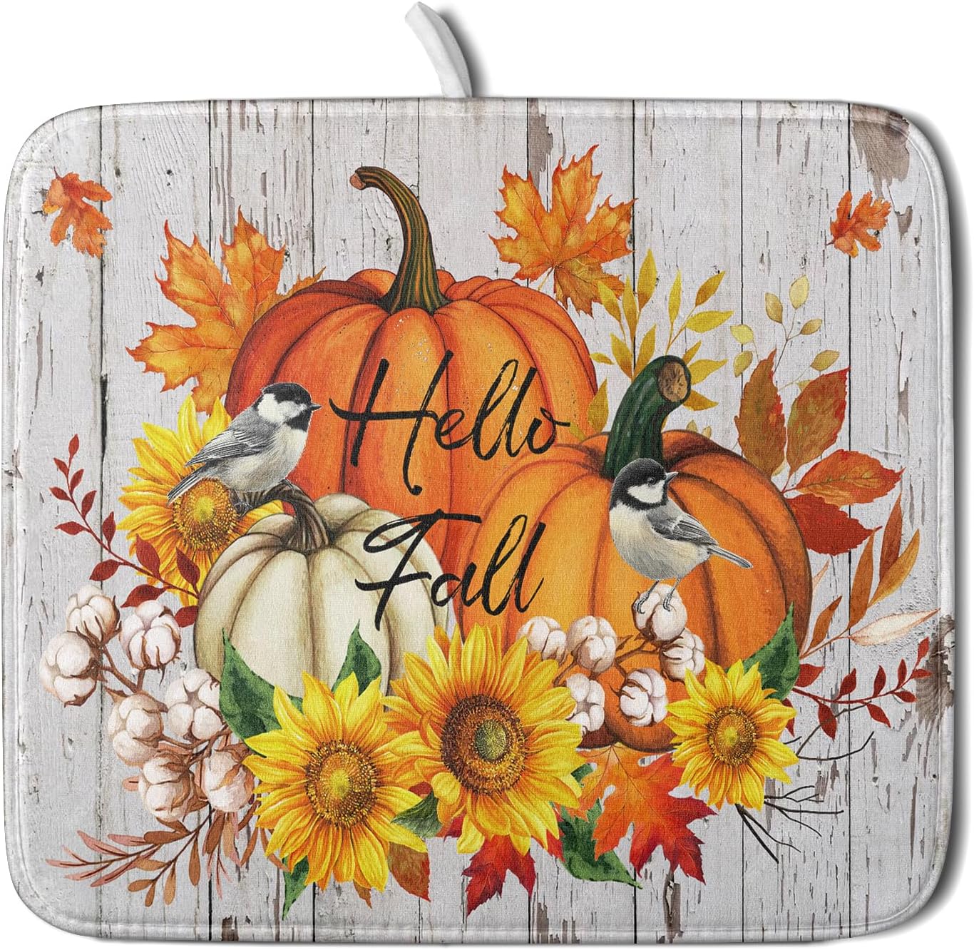 Hello Fall Dish Drying Mat for Kitchen Counter 16x18 Inch Orange Pumpkin Absorbent Drying Pad with Hanging Loop Autumn Home Decoration