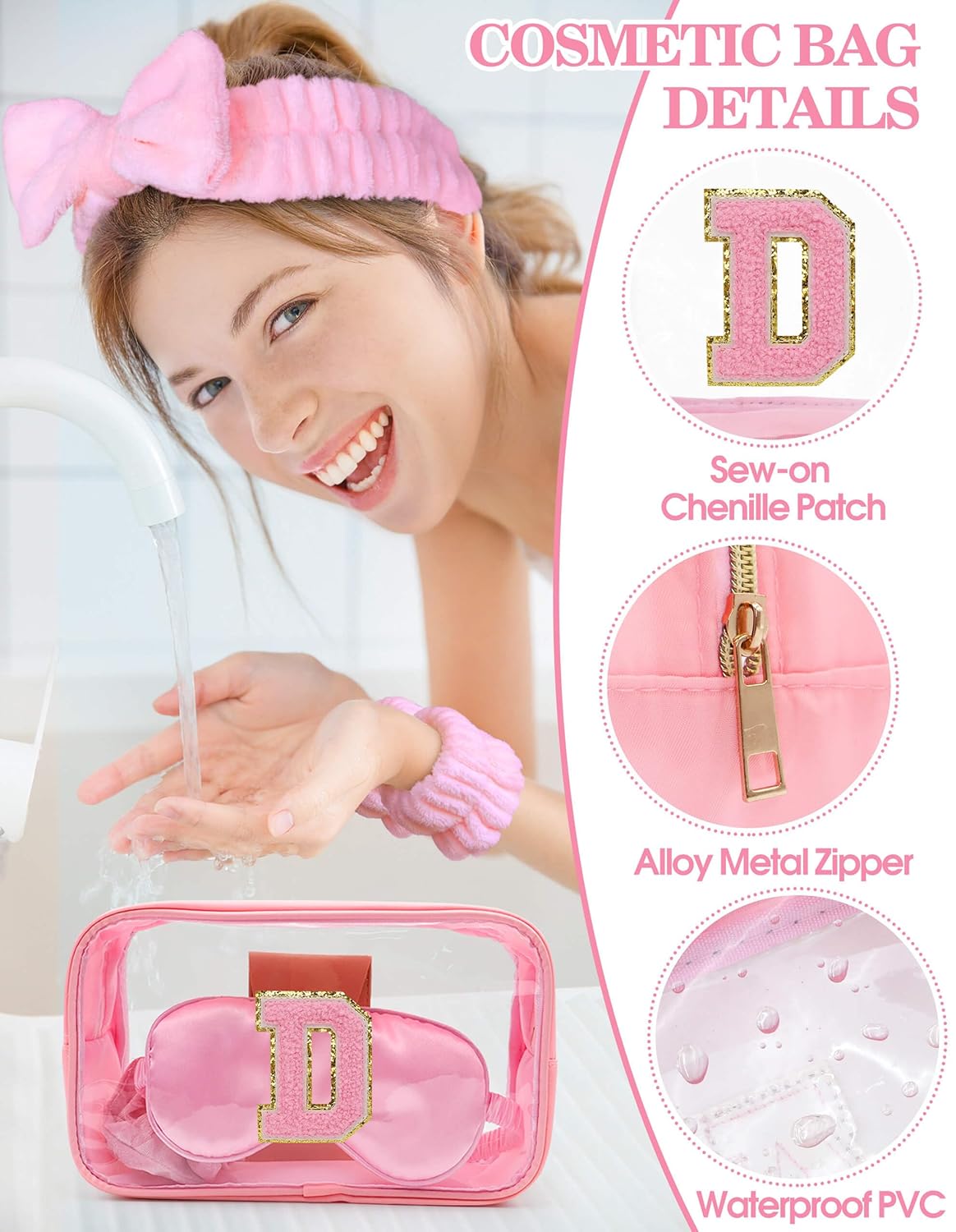 Gift Sets for Women, Initial Makeup Bag with Makeup Brush Set Bachelorette Party Favors, Pink Spa Kit with Skincare Headbands Wrist Bands Sleepover Party Supplies Gifts for Teen Girls Bridesmaid D