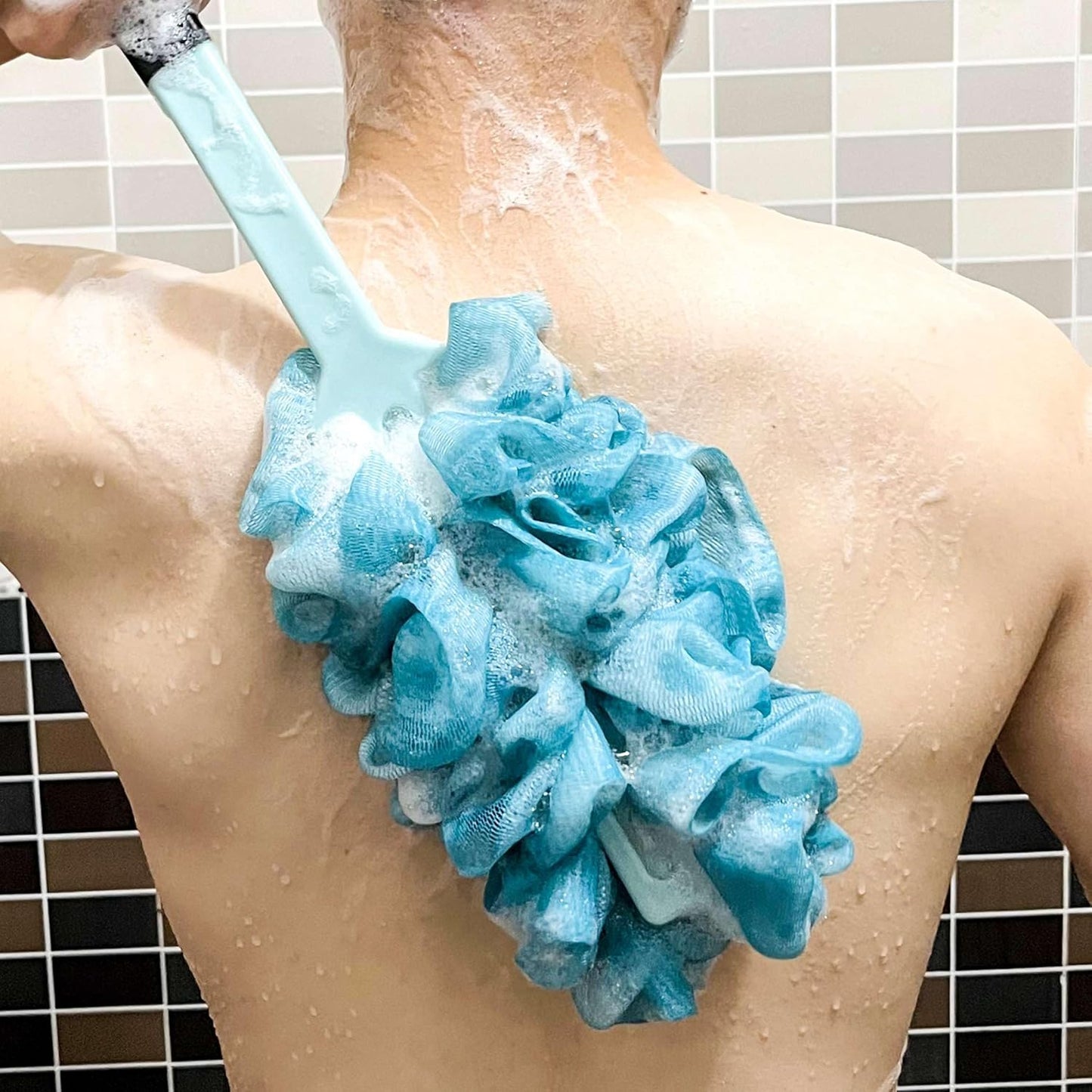2 Pack Back Scrubber for Shower, Anti Slip Long Handle Bath Body Brush, Loofah with Handle, Back Scrub Brush, Soft Mesh Loofah Sponge Shower Brush for Women, Men, Elderly (2 Pack= Blue)