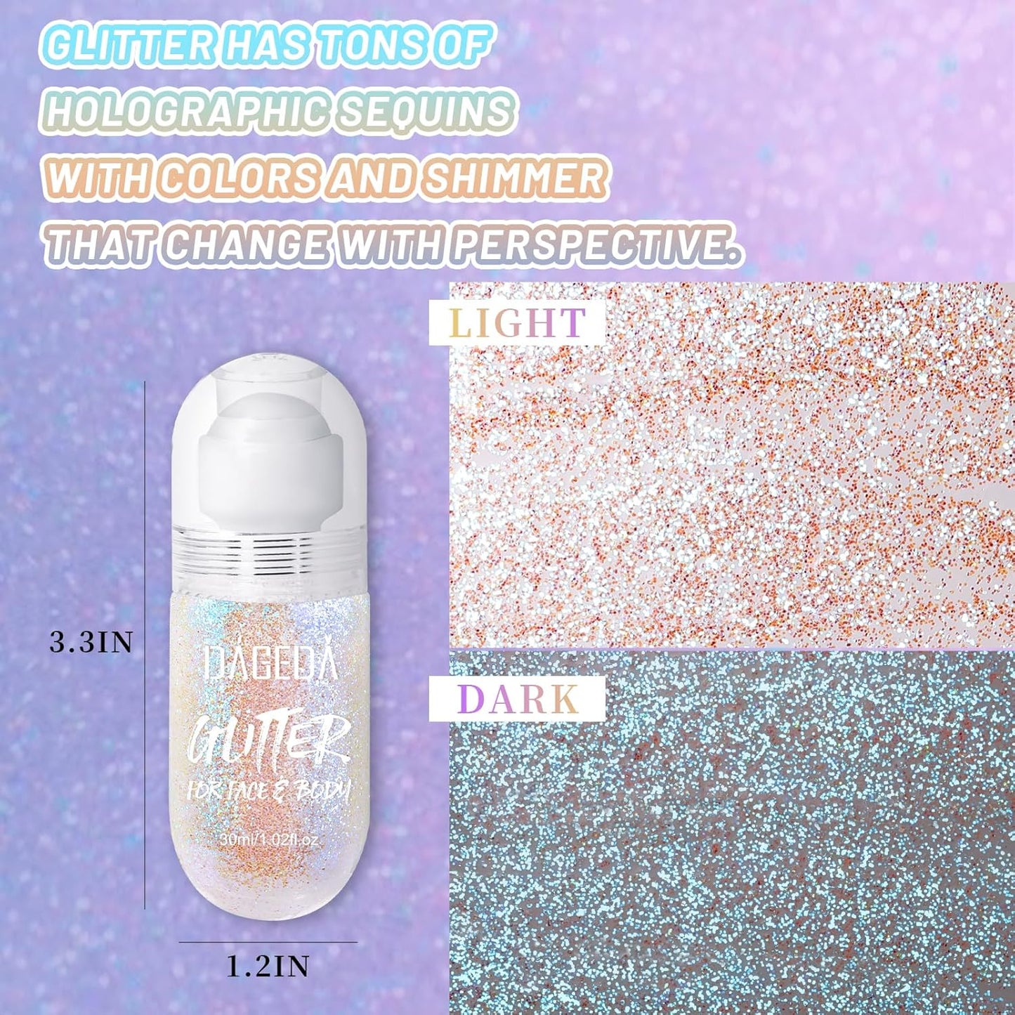 DAGEDA Body Glitter Gel, Roll-on Face Glitter for Mermaid Makeup Festival Rave Accessories, Holographic Hair Glitter Gel,Body Shimmer Halloween Makeup for Rave Party(Fantasy)