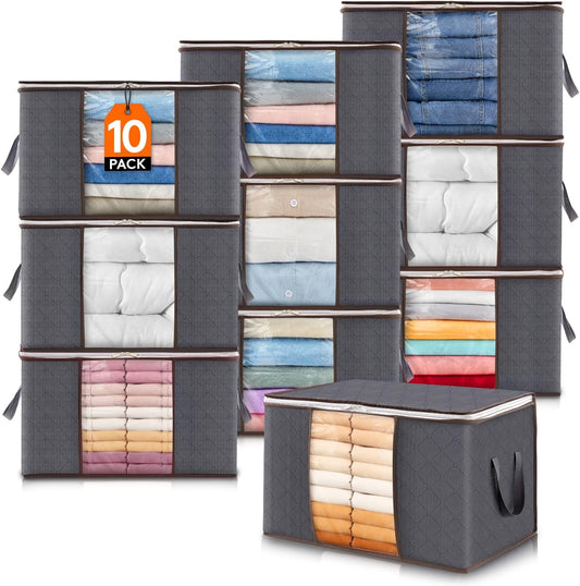 Lifewit 10 Pack Clothes Storage, Foldable Organization Bins with Lids and Clear Window for Blanket, in Closet with Reinforced Handles for Clothing, Bedding, Gray