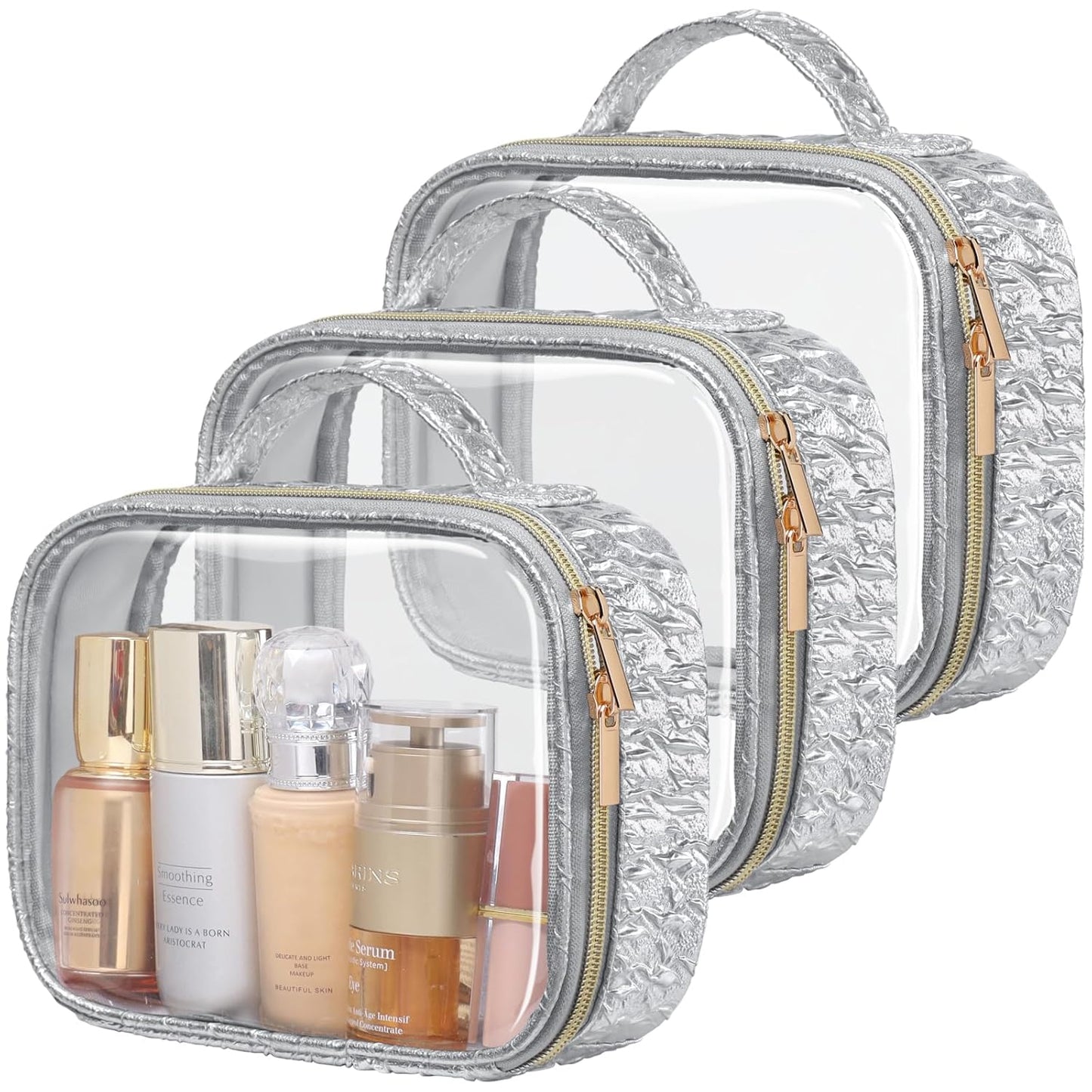 PACKISM TSA Approved Toiletry Bag - 3 Pack Ruched Textured Clear Makeup Bag, Metallic Silver, with 180° Large Opening and Supporting Frame, Perfect for Travel Essentials, Thick No Smell