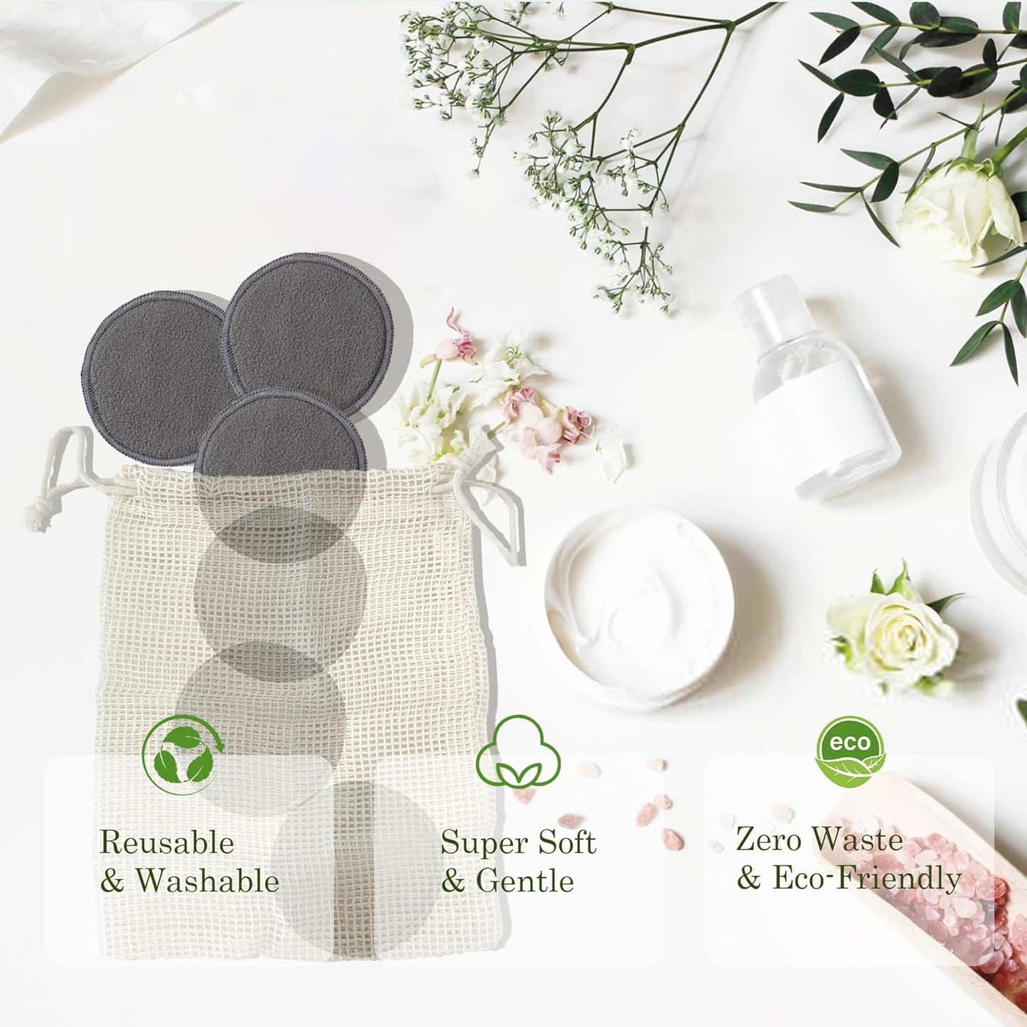 24 Packs Reusable Cotton Rounds - Washable Bamboo Charcoal Makeup Remover Pads, Soft Reusable Face Pads for All Skin Types & Cleansing with Cotton Bag, No Waste