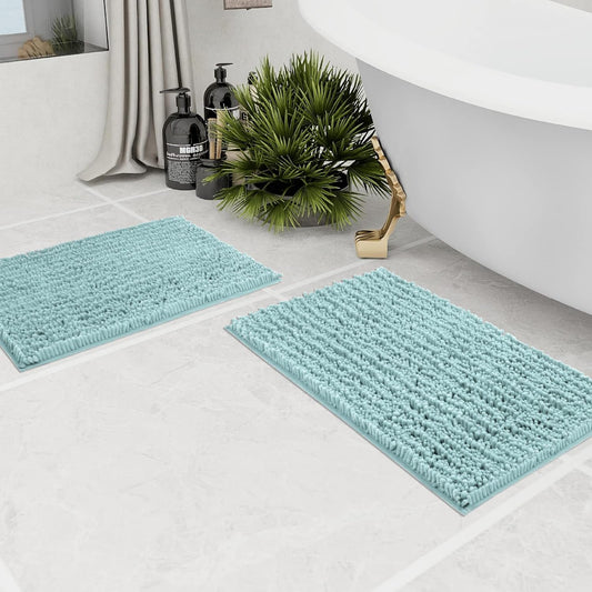 Walensee Bathroom Rug 2 Pieces Set Non Slip Bath Mat (17x24 Plus 20x32 Inch spa Blue) Water Absorbent Super Soft Shaggy Chenille Machine Washable Dry Extra Thick Perfect Carpet for Shower Floor