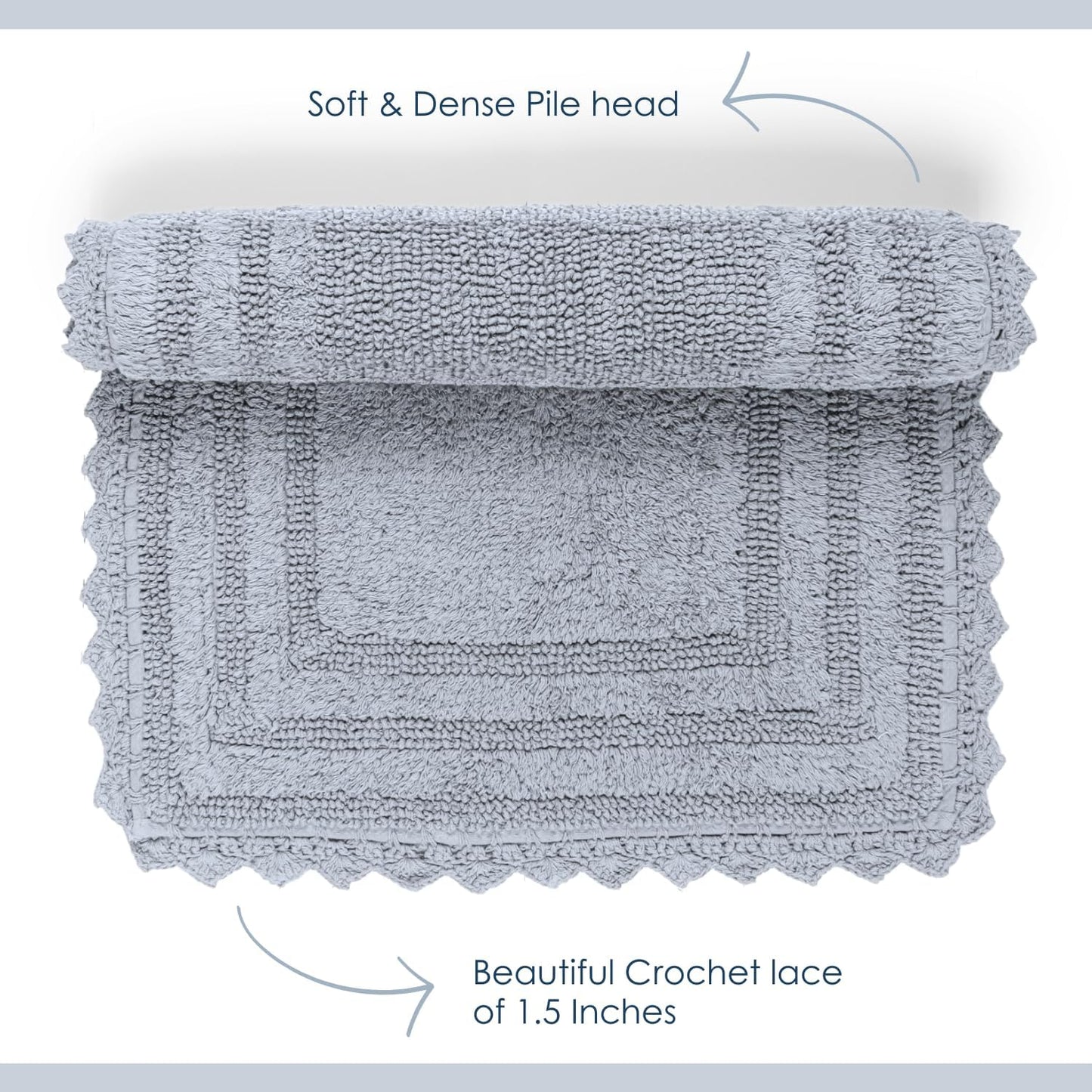 RAJRANG Bathroom Rug for Kitchen and Spa with Crochet Pattern Cotton Absorbent Soft Reversible Bath Mat Light Grey Square 24 Inches