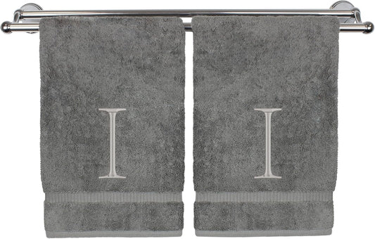 Monogrammed Hand Towel, Personalized Initial Gift, Extra Absorbent 100% Turkish Cotton - Soft Terry Finish - Set of 2 - Silver Block Initial I - Embroidered on Grey Towels