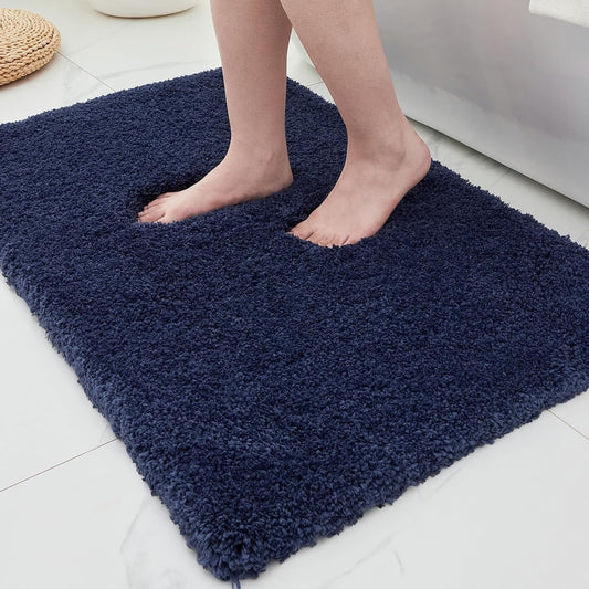 ILANGO Navy Blue Bathroom Rugs 30" × 20" Non Slip & Super Absorbent Extra Thick Soft, Washable Bath Mat for Floor, Microfiber Plush Shaggy Bath Rug with Rubber for Bathtub Shower Room Sink