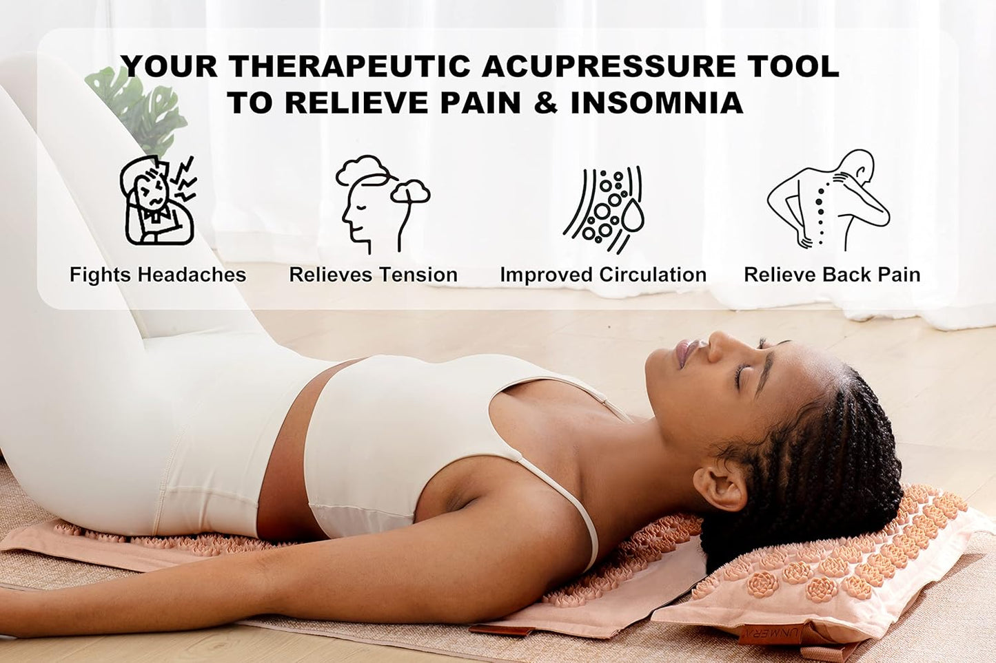 UNMERA Acupressure Mat and Pillow Set,Natural Premium Linen & Coconut Fiber Filling,for Back/Neck Pain Relief, Sciatic, Headache and Muscle Relaxation, Comes with Carrying Bag