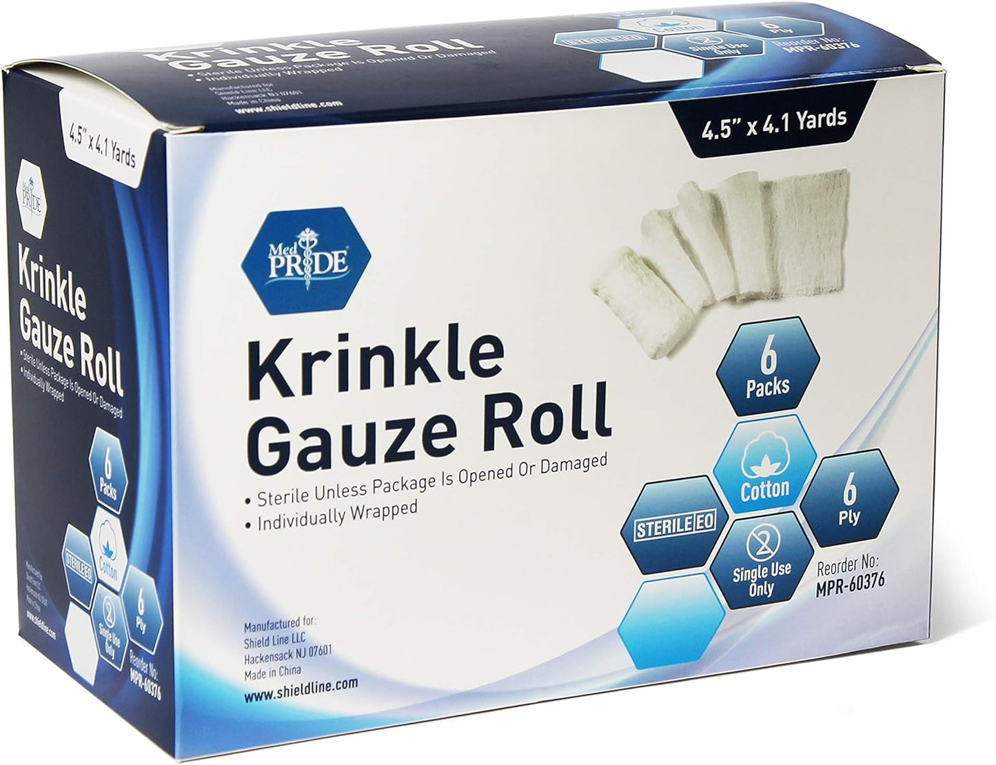 MED PRIDE Sterile Krinkle Gauze [6 Rolls]- 4.5'' x 4.1 Yards Rolls - Cotton Wound Dressing Sterile Wraps – 6-Ply Highly Absorbent First Aid Gauzes - Medical Individually Wrapped Mesh Bandage Gauzes