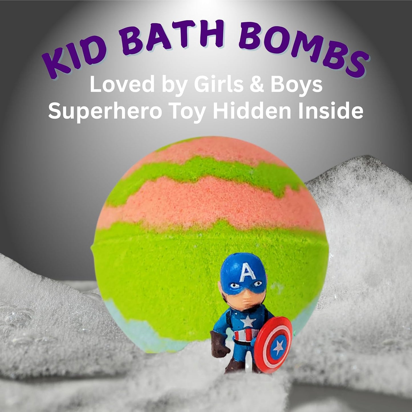 EvolutionUSA 1pc Purple Epic Superhero Bath Bombs for Kids, Super Hero Bath Bomb with Toy Inside, Lush Children Bathbomb, Organic Bathbomb with Surprise Inside, Fizzy Fun Superhero Bath Ball