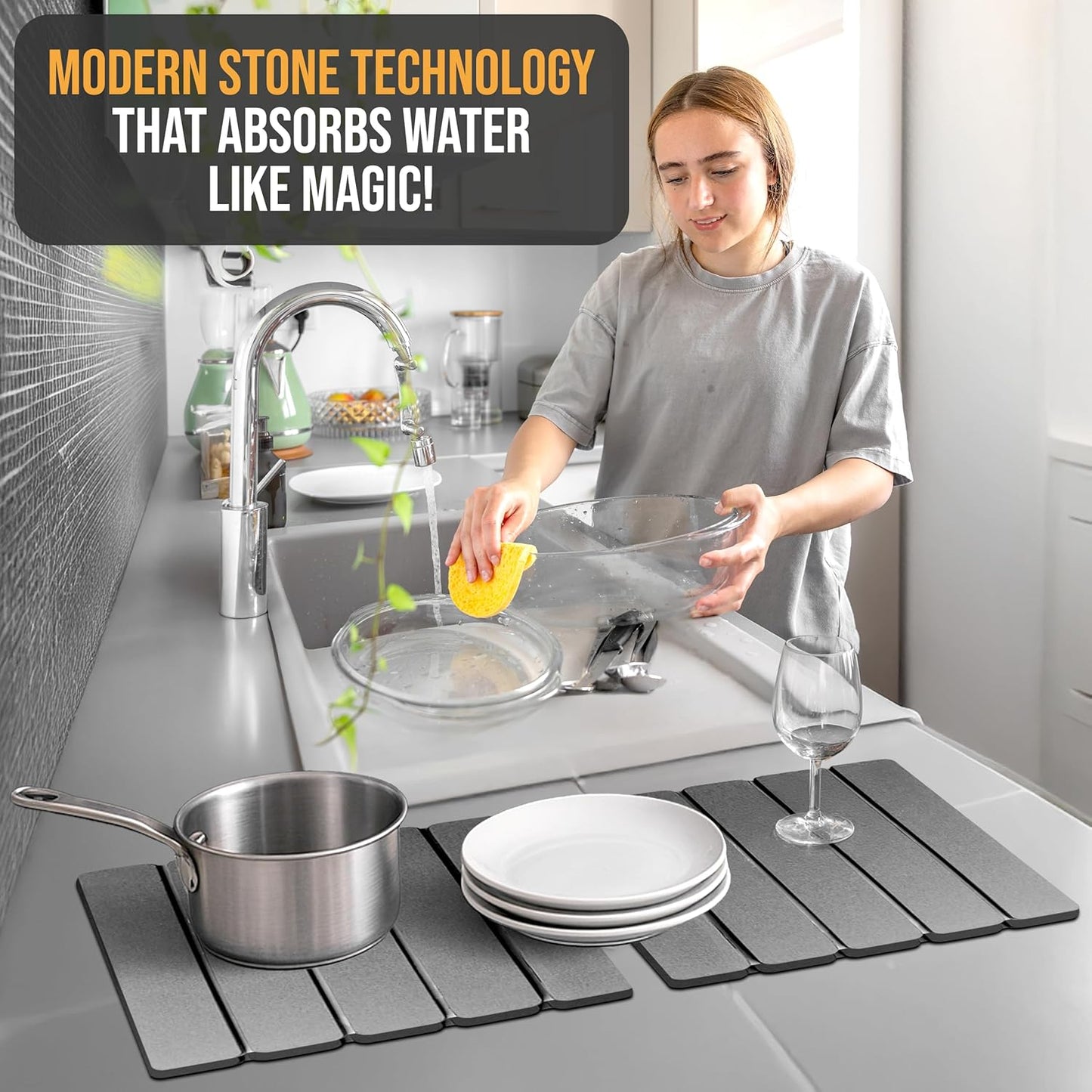 Large Foldable Stone Dish Drying Mat – Diatomaceous Earth, 12"x16" Each or 24"x16" Combined – Fast Dry, Anti-Slip Pad, Sanding Tool & Instruction Manual for Kitchen, Bathroom or RV (2-Pack)