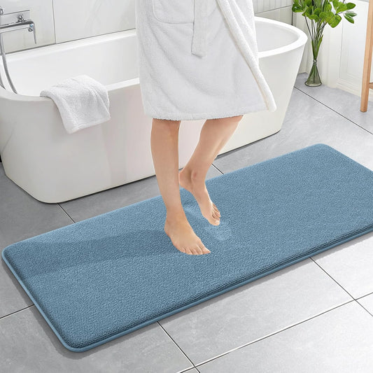 OLANLY Thick Memory Foam Bath Mat Rug 59x20, Extra Soft Absorbent Bathroom Rug, Quick Dry Bath Mats, Non-Slip, Machine Washable Carpet for Bathroom, Tub and Shower, Home Decor Accessories, Airy Blue