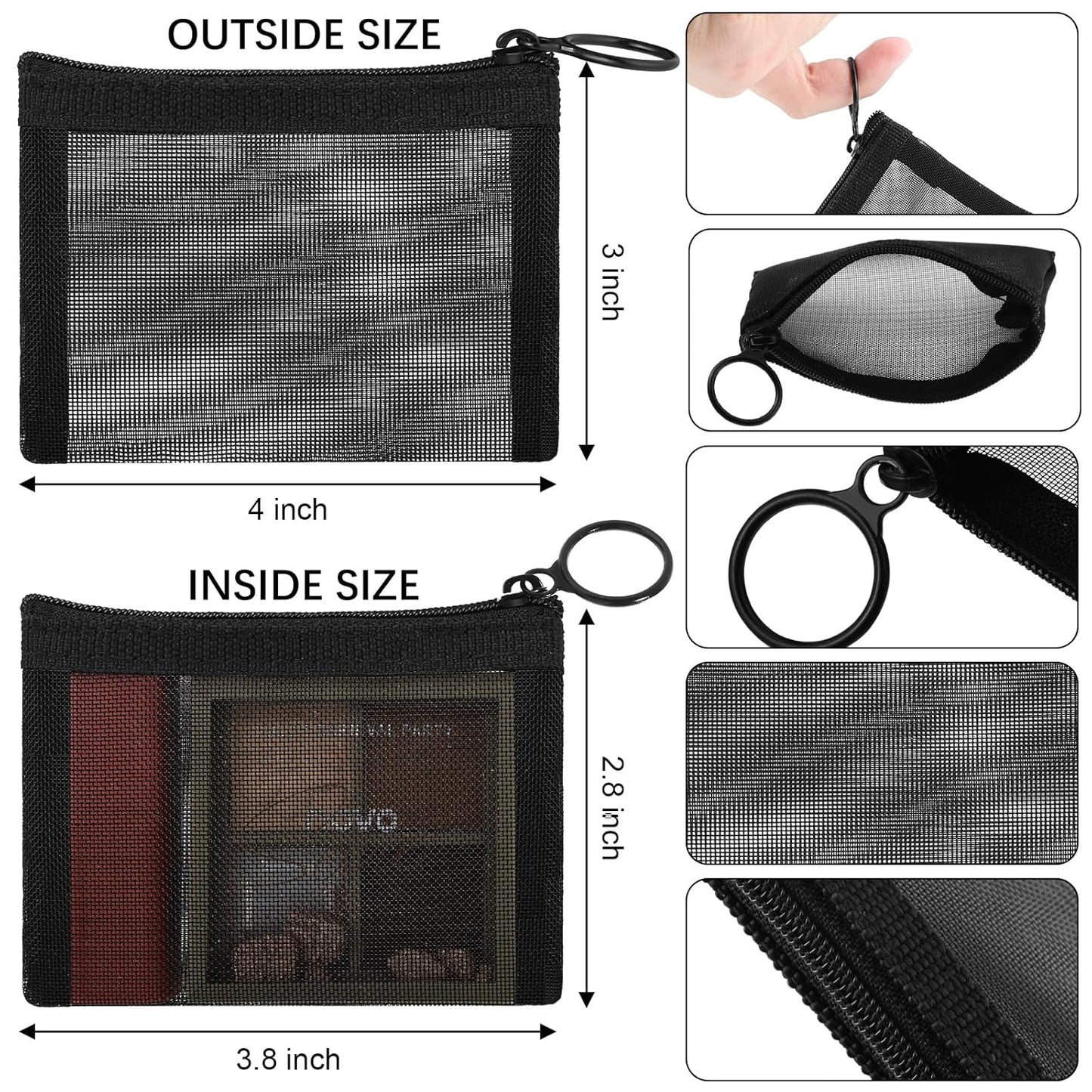 Frienda 10 Pcs Small Mesh Bags with Zipper Mini Zipper Mesh Bags Nylon Cosmetic Coin Purse Pouches Portable Reusable Storage Pouch with Keychain for Women Home Travel(3 x 4 Inch,Black)