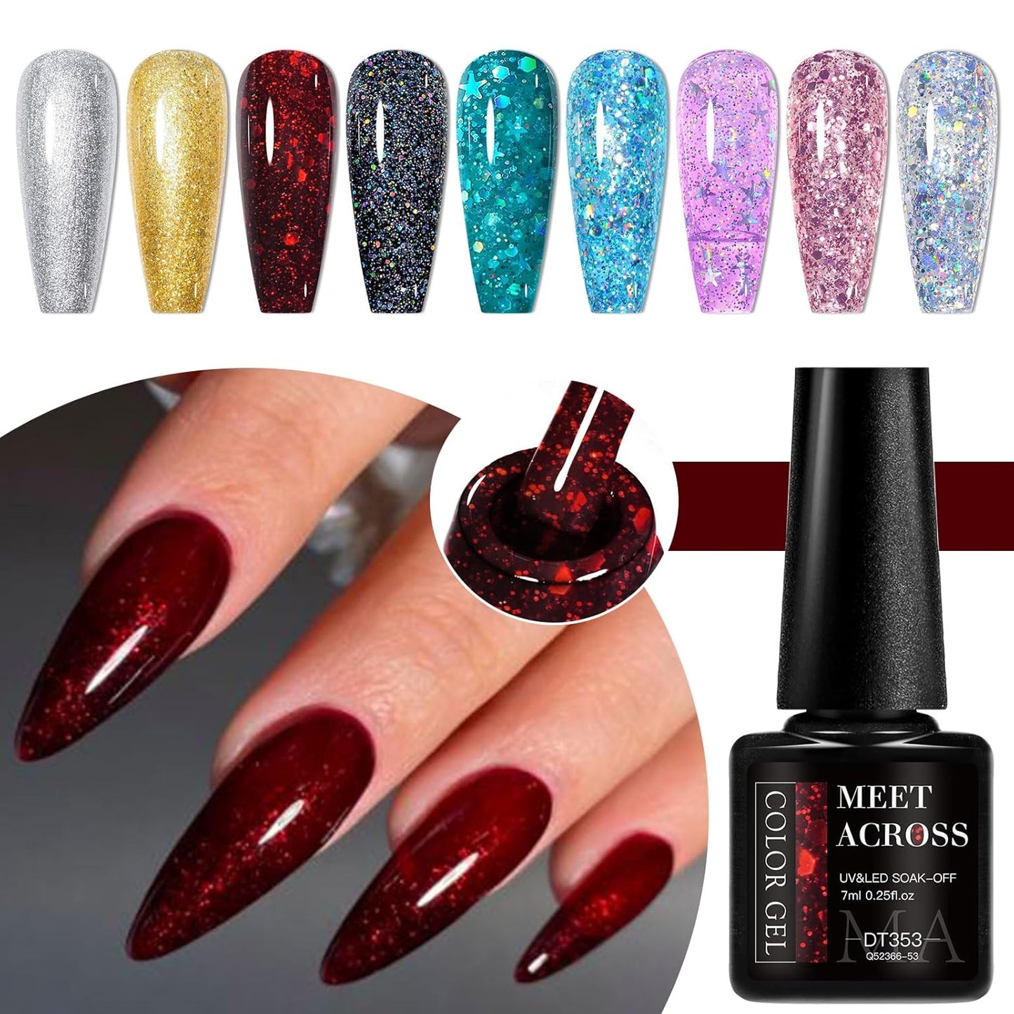 MEET ACROSS 9 Colors Gel Nail Polish + 3PCS Function Gel Nail Polish Kit,Fashion Nail Art Set Design Gifts for Women Manicure Salon (SET12, 12pcs)