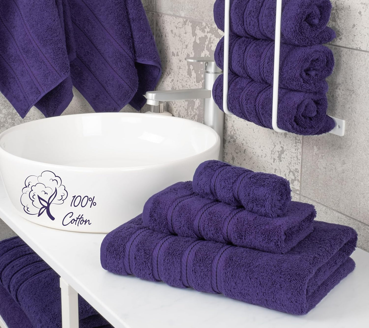 American Soft Linen Premium 3 Piece Towel Set, 1 Bath Towel 1 Hand Towel 1 Washcloth, 600 GSM 100% Cotton Turkish Towels for Bathroom, Purple Towel Set