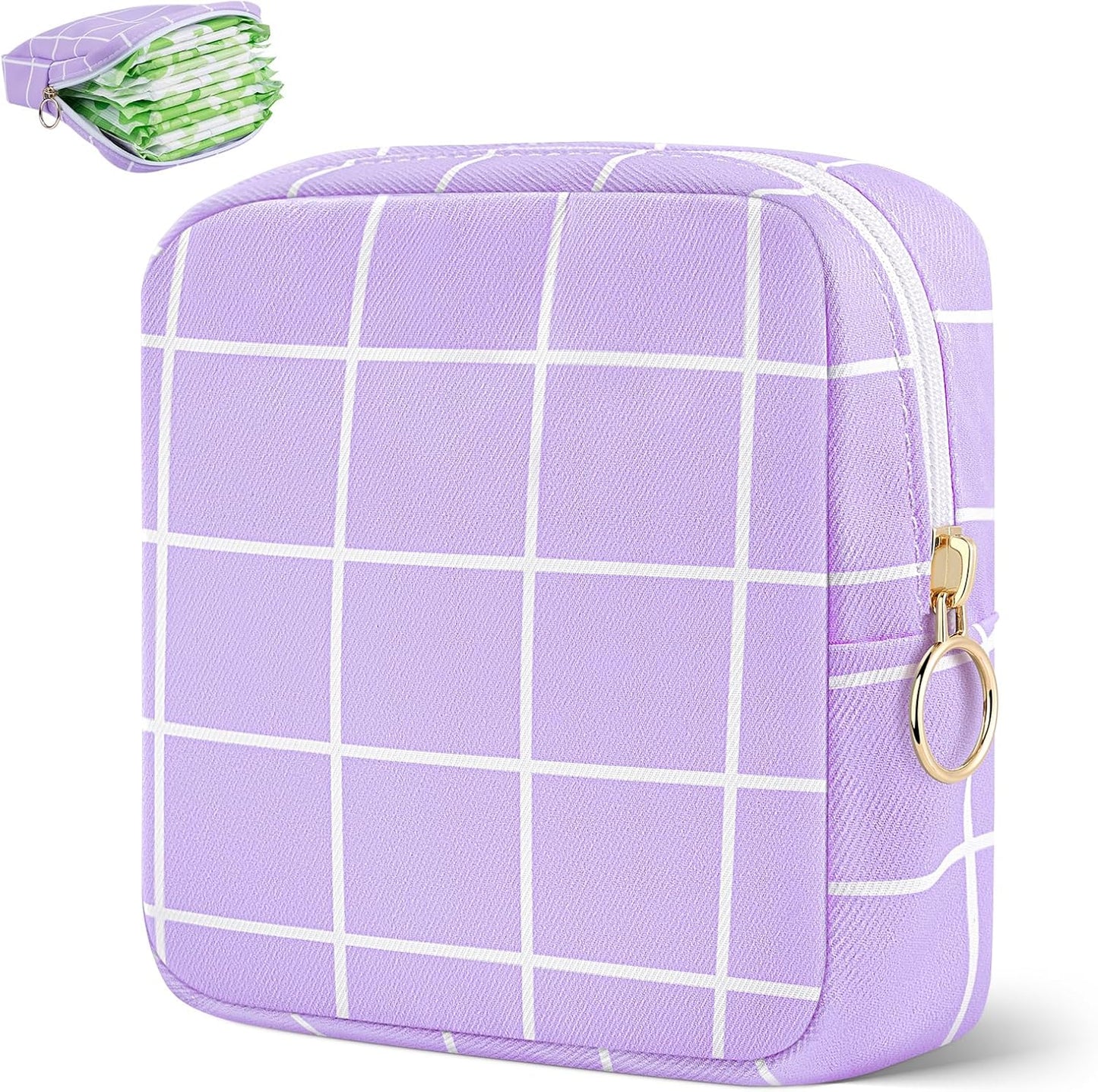 Desing Wish Period Bag Pouch Soft Cloth Sanitary Napkin Storage Bag Portable Menstrual Pad Pouches Tampon Holder for Purse First Period Kit for Girls 9-12 (Purple Plaid)