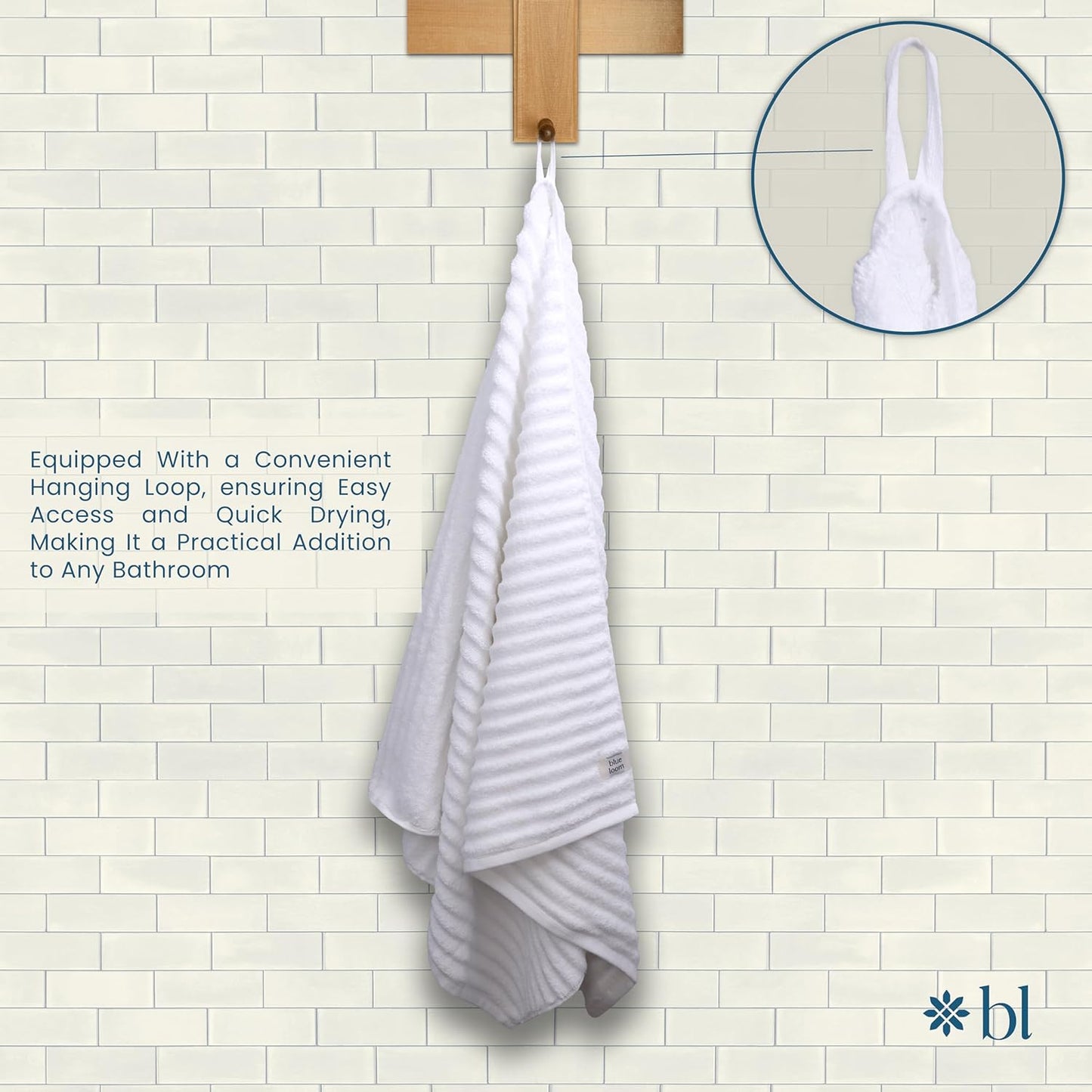 Blue Loom Ribbed Bath Towels Set, 100% Cotton 600 GSM, Soft Absorbent Durable Quick Drying 2 Bath Towels for Bathroom - Mason Set of 2 White (58" x 30" Inch)