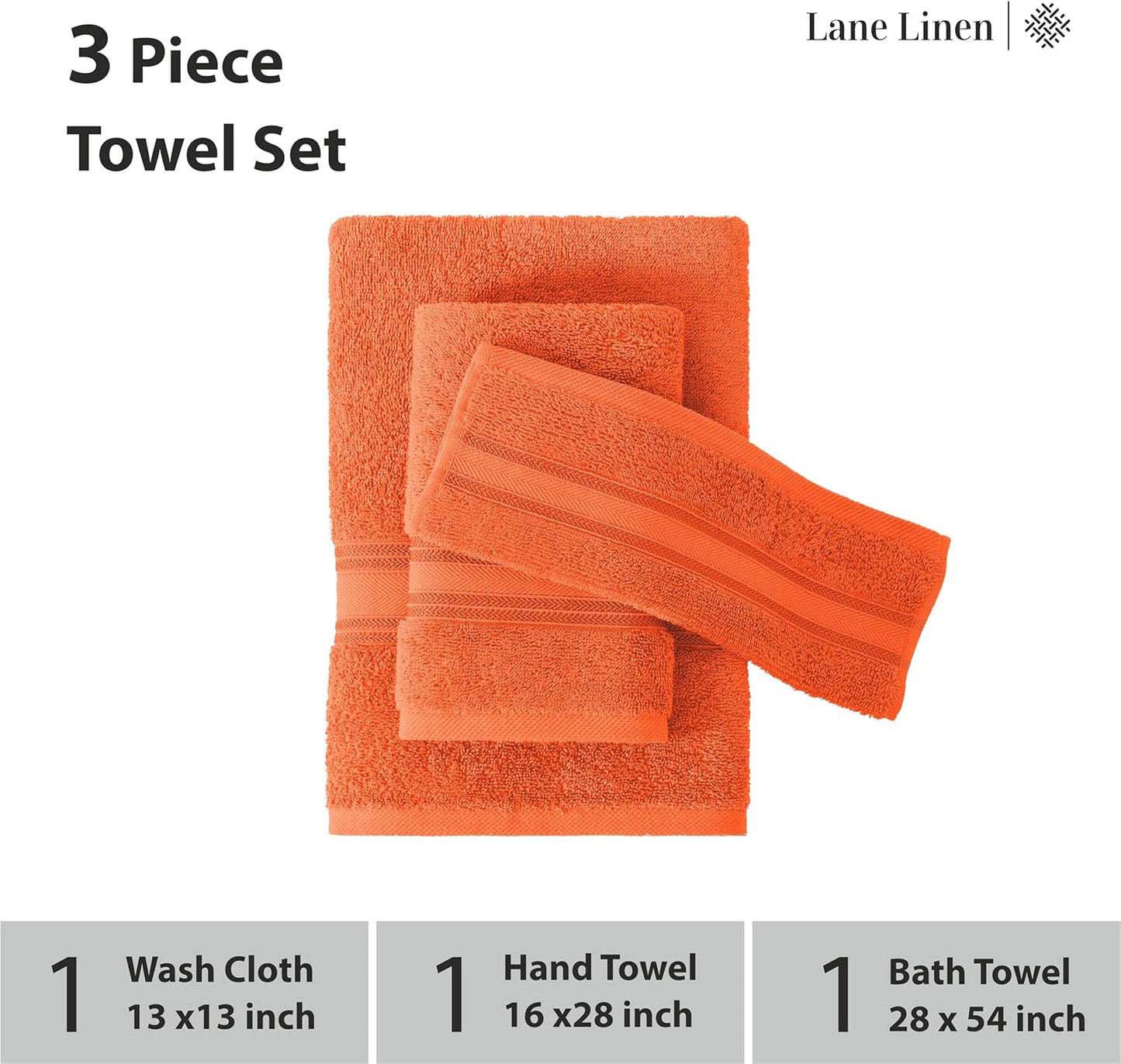 LANE LINEN Luxury Bath Towels Set - 3 Piece Set, 100% Cotton Bathroom Towel, Zero Twist, Quick Dry Absorbent Towels, Super Soft, 1 Bath Towel, 1 Hand Towel, 1 Wash Cloths - Tiger Lily