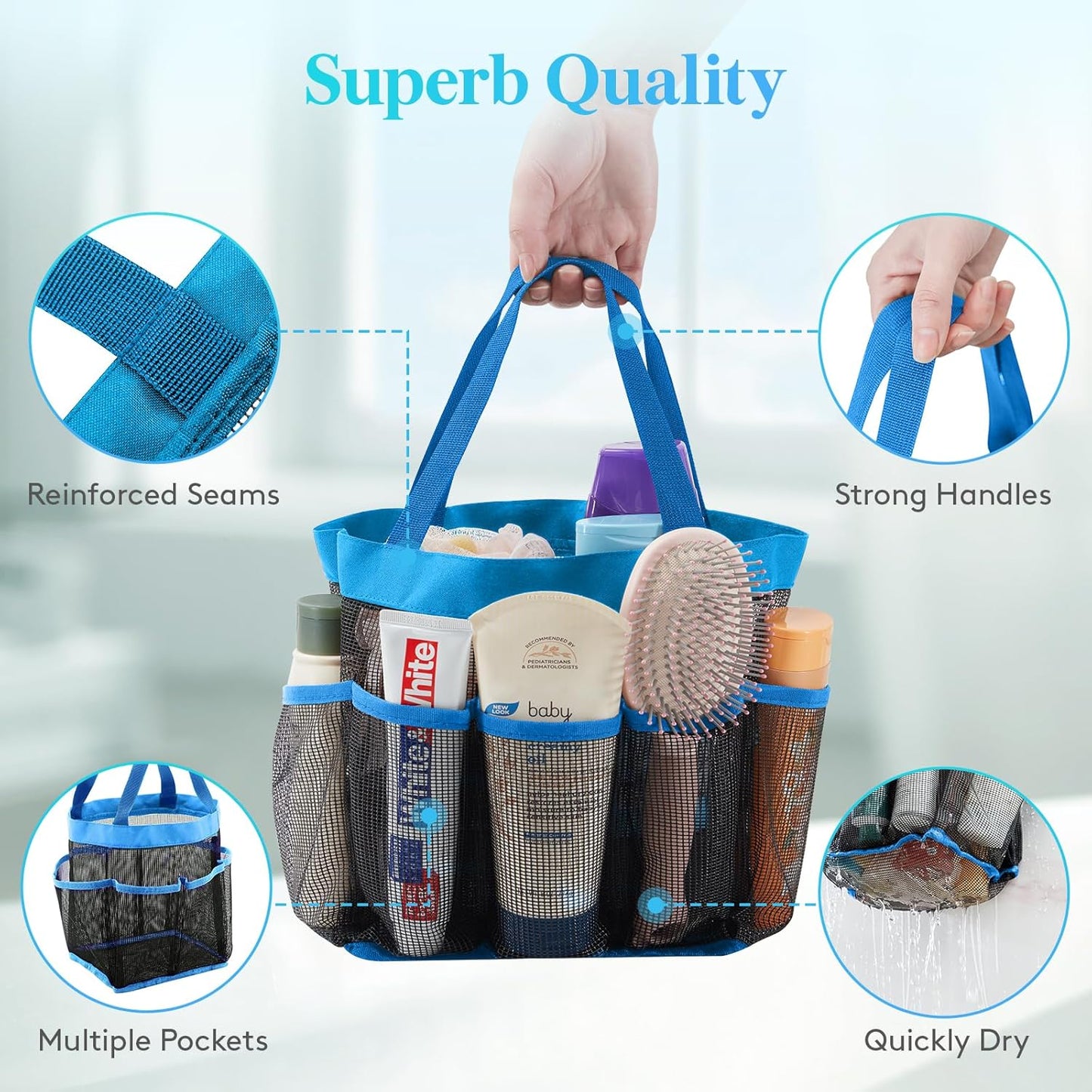 Lifewit Mesh Shower Caddy Freestanding Portable Shower Tote Bag for College Dorm, Bathroom, Gym, Travel, Quick Dry Hanging Shower Organizer with 7 Storage Pockets for Toiletry Essentials, Blue