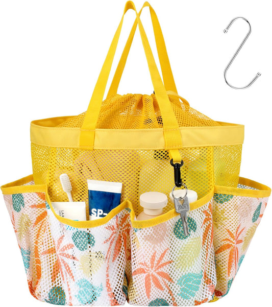 F-color Mesh Shower Caddy Portable with Drawstring - Upgrade Deeper 7 Pockets Dorm Room Essentials for Guys Girls with S Hook, Shower Bag Basket Tote for College Camping Bathroom, Yellow Beach