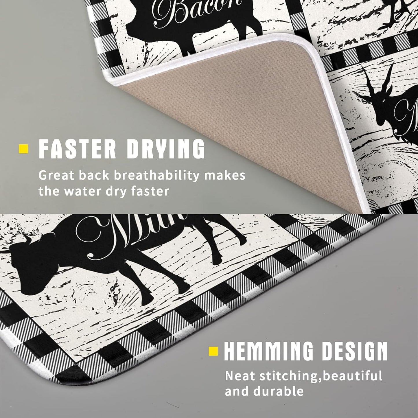 Farmhouse Animal Dish Drying Mat Buffalo Plaid Drainer Rack Mats Fast Dry Absorbent Kitchen Countertop Protector Dishes Pad 16x18 Inch