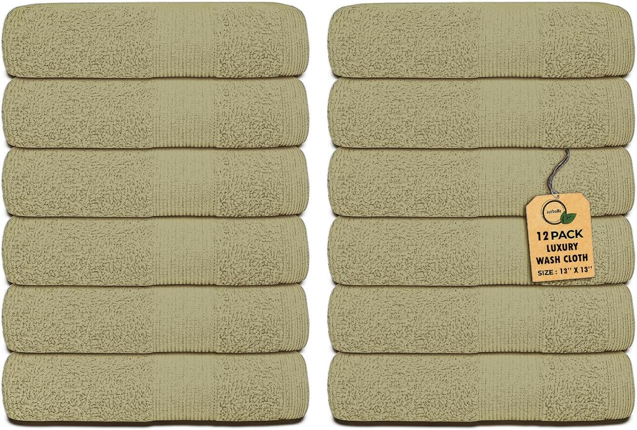 Premium Wash Cloths Pack of 12 (13" x 13") 100% Ring Spun Cotton | Luxury Washcloths | Ultra Soft Face Towels | Highly Absorbent Wash Cloths for face (Sage Green)