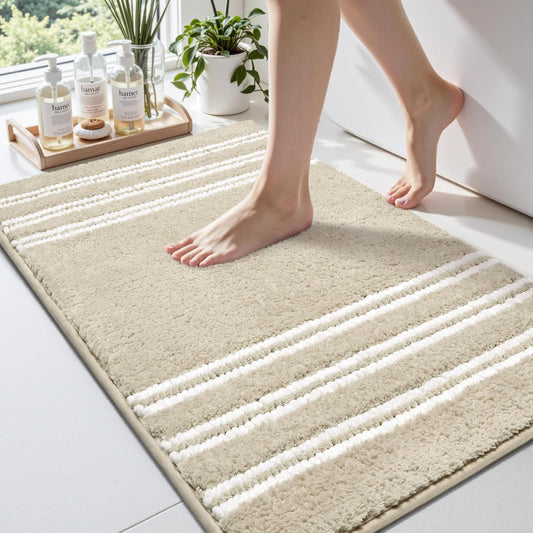 Bathroom Rugs 24x36 Extra Soft Absorbent Bath Mat Chenille Non Slip Shower Mat Rubber Backing Machine Washable Bath Mats for Bathroom Shaggy Khaki Bath Rugs for Tub, Hallway