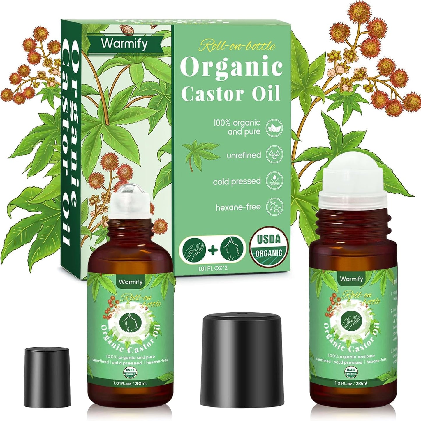 2-in-1 Castor Oil Roll On for Face & Hands, Organic Cold Pressed, Hexane-Free, Unrefined Glass Bottle – Targeted Roller Balls for Eye, Lip, Skin, Nail & Cuticle Care – 2 x 1 fl.oz
