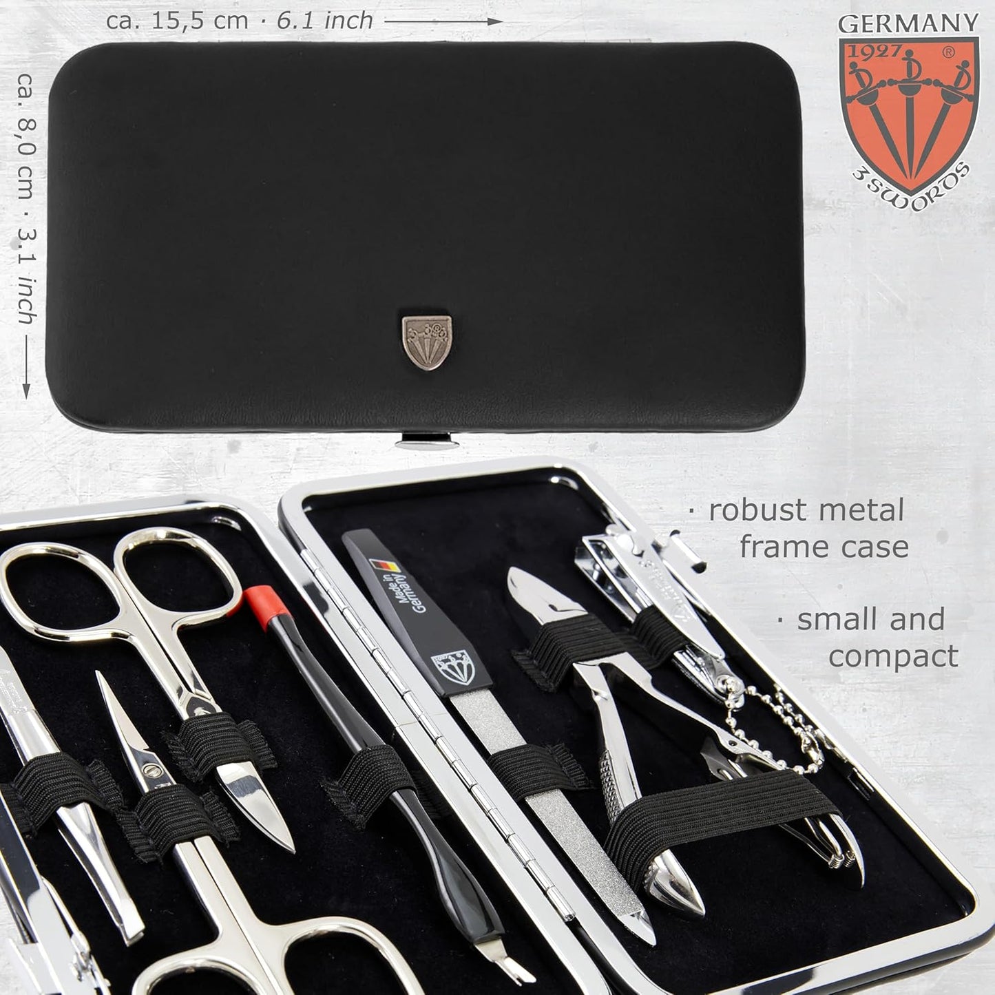 3 Swords Germany - brand quality 7 piece manicure pedicure grooming kit set for professional finger & toe nail care scissors clipper fashion leather case in gift box, Made by 3 Swords Germany (6271)