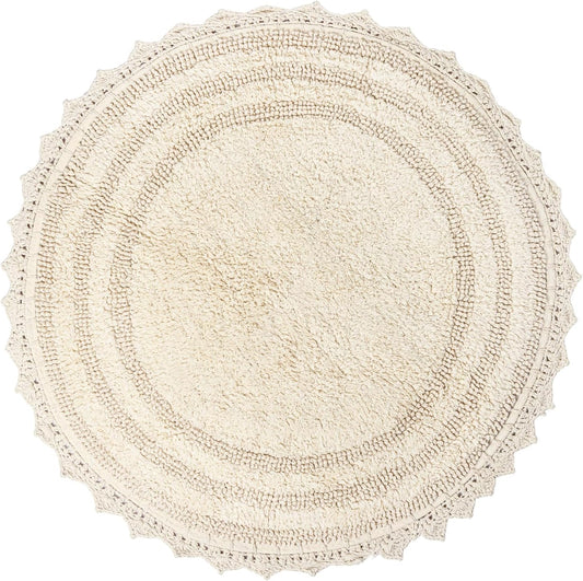 RAJRANG Circle Bathroom Mat for Kitchen and Spa with Crochet Pattern Cotton Absorbent Soft Reversible Woven Bath Rug Shortbread Round 24 Inches