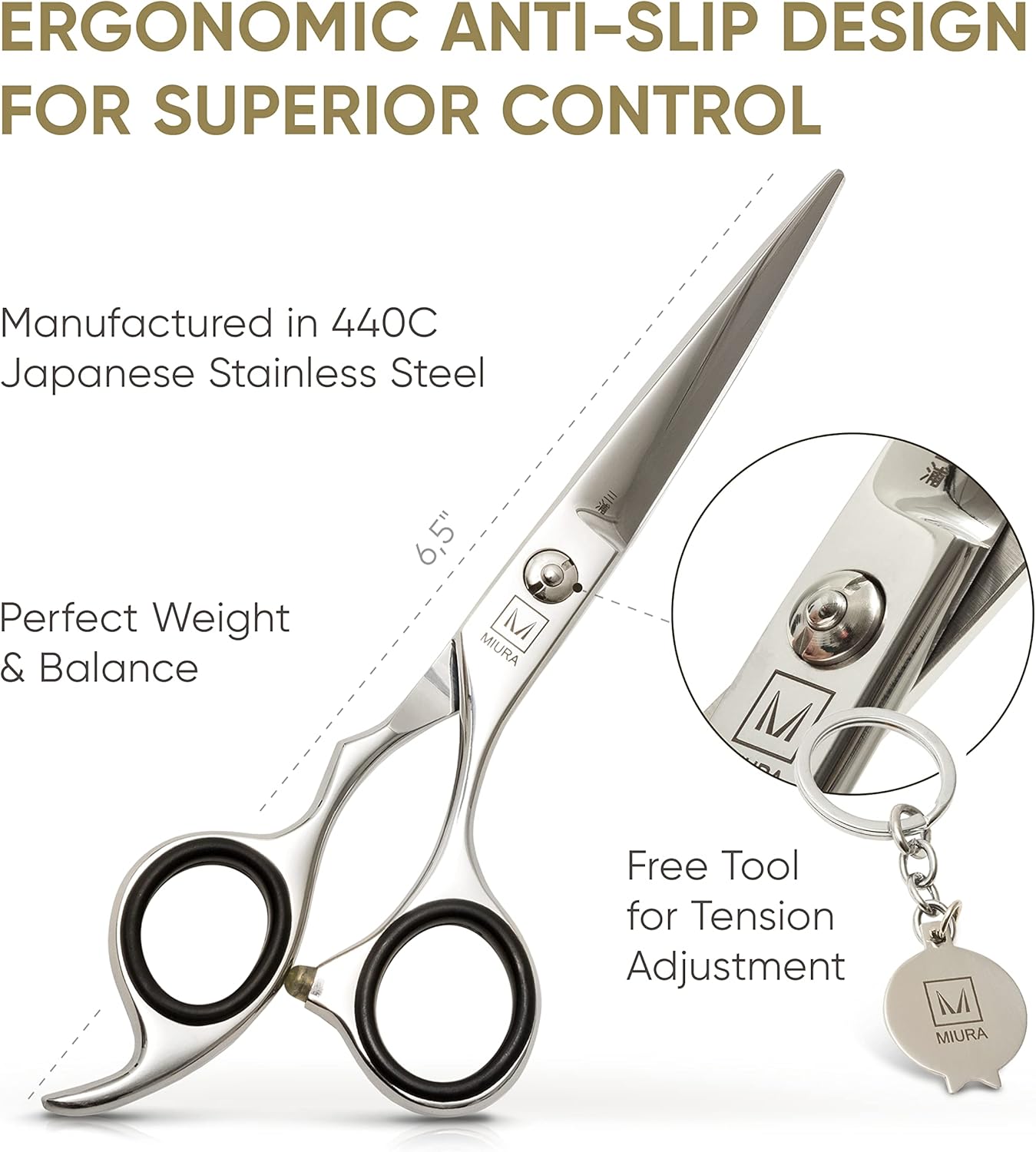 Miura Professional Hair Cutting Scissors for Women, Men and Hairdressers | 6.5” Stainless Steel Barber Shears for Hair Cutting (Scissors)