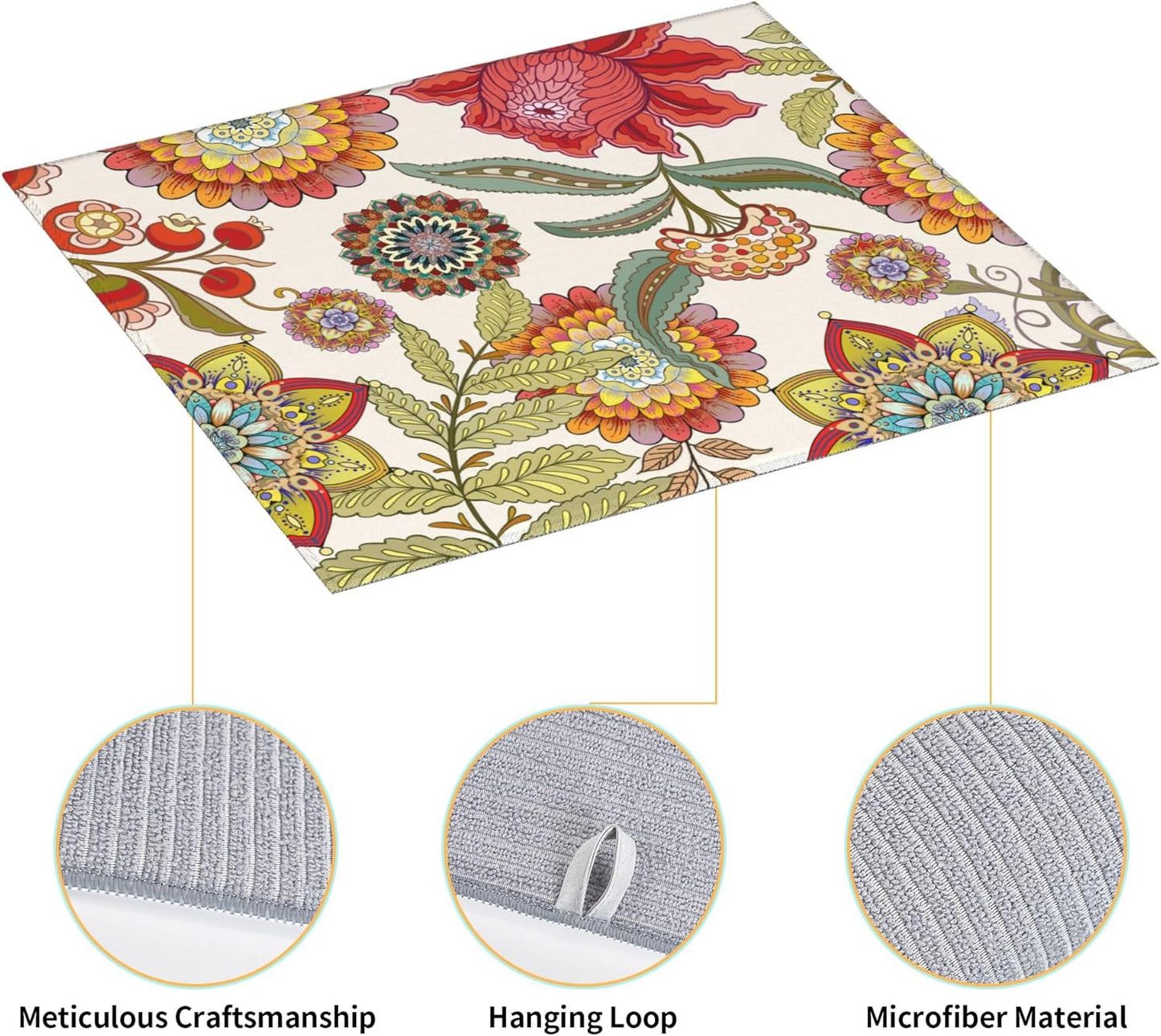 Boho Floral Dish Drying Mat for Kitchen Counter Washable Absorbent Reversible Microfiber Colorful Decorative Drying Pad Kitchen Accessories 16x18 Inch