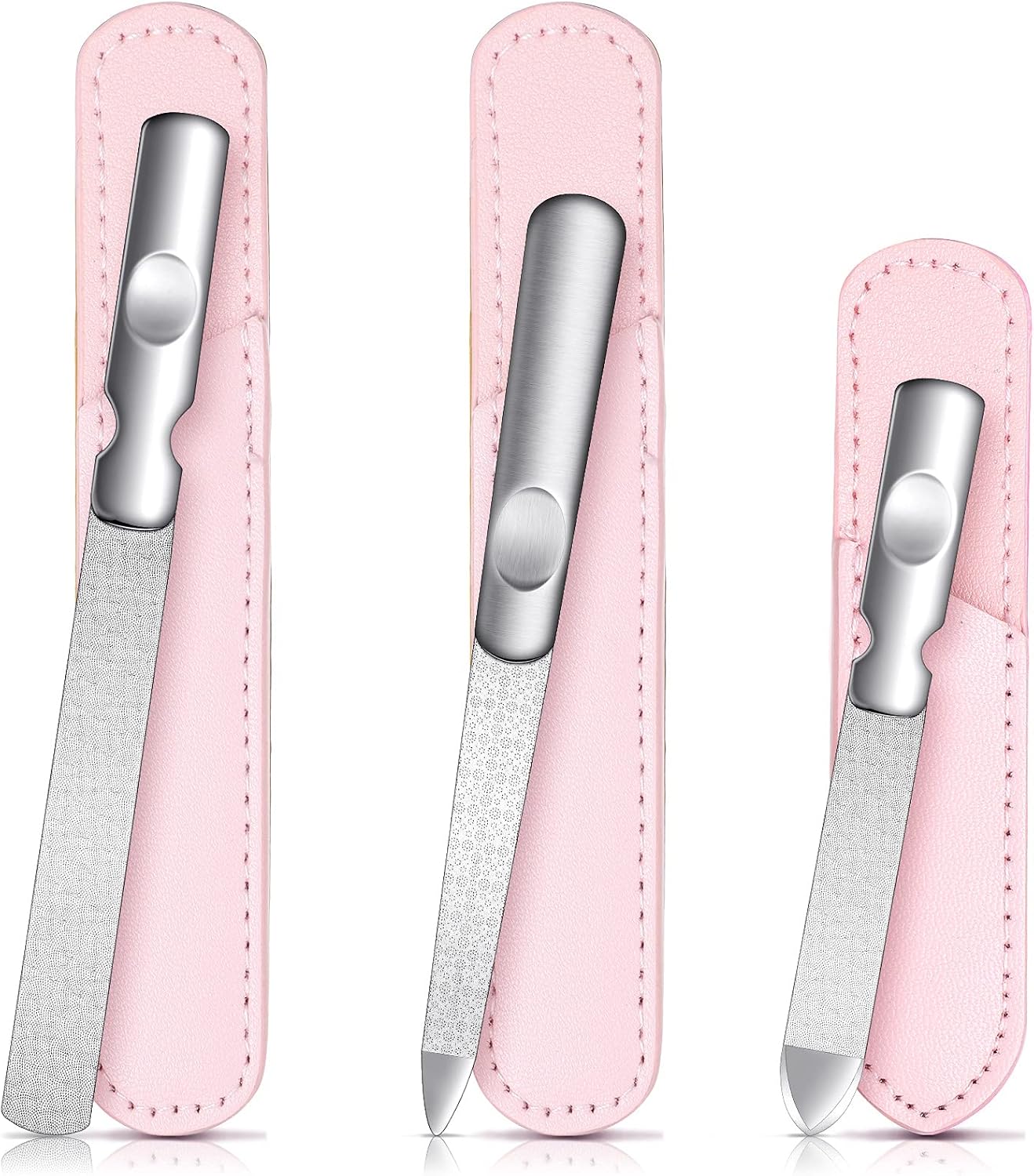 3 Pcs Stainless Steel Nail Files Kit with Leather Case, Double Sided Metal Nail Files with Anti-Slip Handle for Women and Men, Metal File Buffer Manicure Pedicure Tools for Fingernail Toenail(Pink)