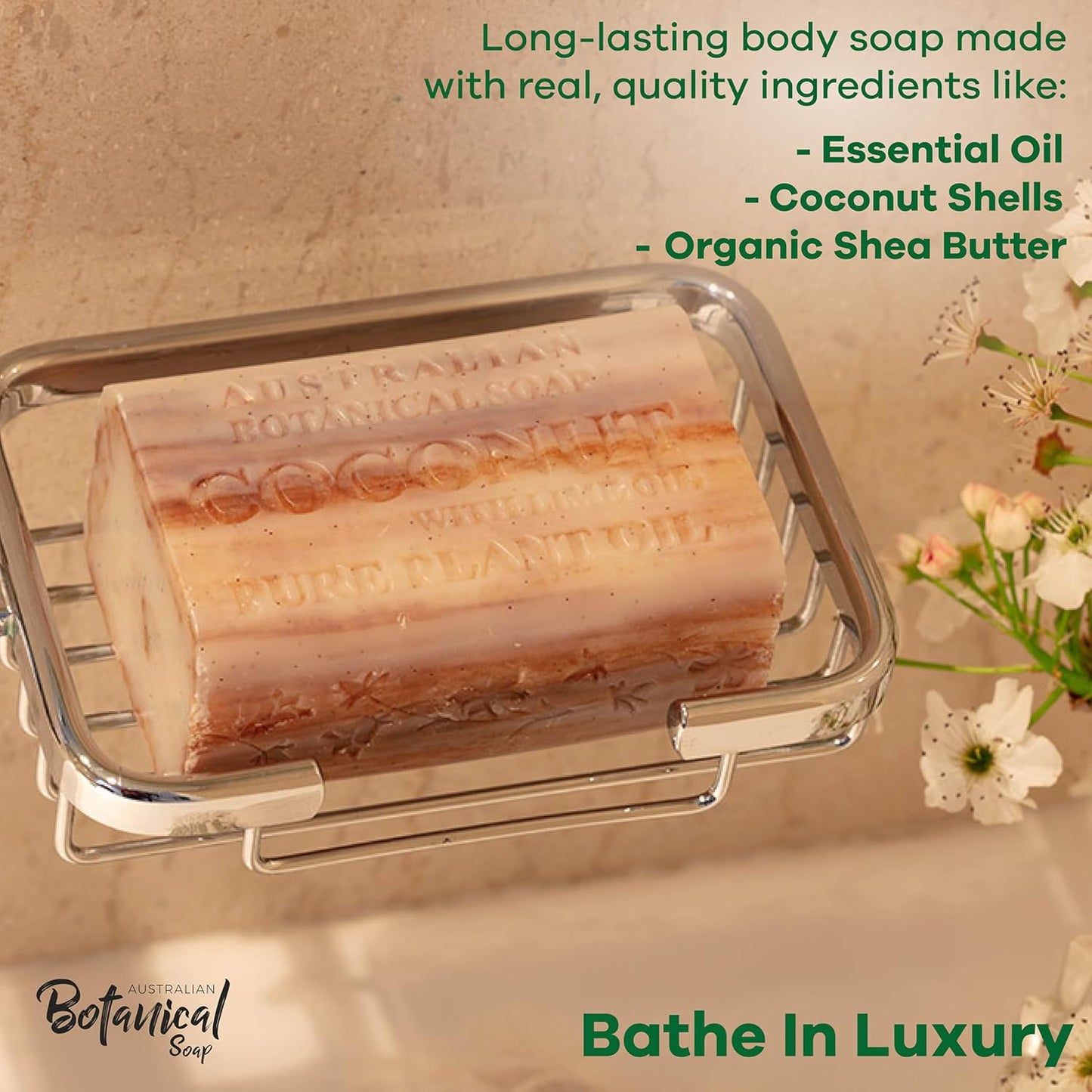 Australian Botanical Soap Coconut with Lime Oil 6.6 oz Luxury Soap Bars Enriched with Shea Butter, Pack of 4