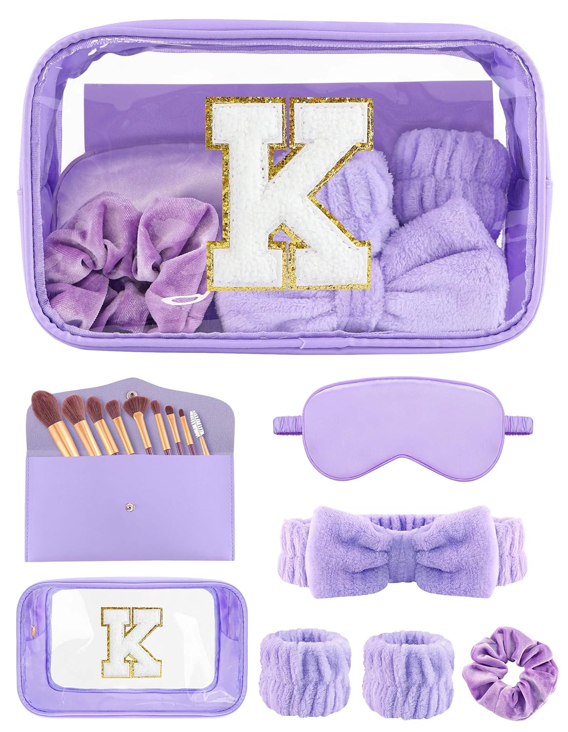 Gift Sets for Women, Initial Makeup Bag with Makeup Brush Set Bachelorette Party Favors, Purple Spa Kit with Skincare Headbands Wrist Bands Sleepover Party Supplies Gifts for Teen Girls Bridesmaid K