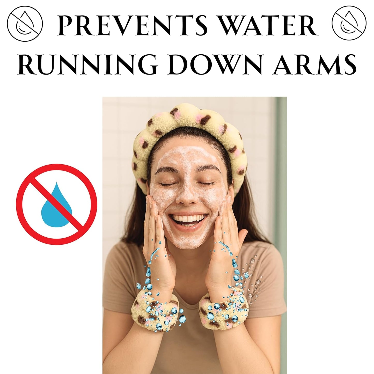 Spa Headband Wrist Band for washing face set Sponge Makeup Skincare Headband Wrist Towels Bubble Soft Terry Towel Cloth Hairband for Women Puffy Headwear Non Slip Thick Thin Hair Headwear (Leopard)