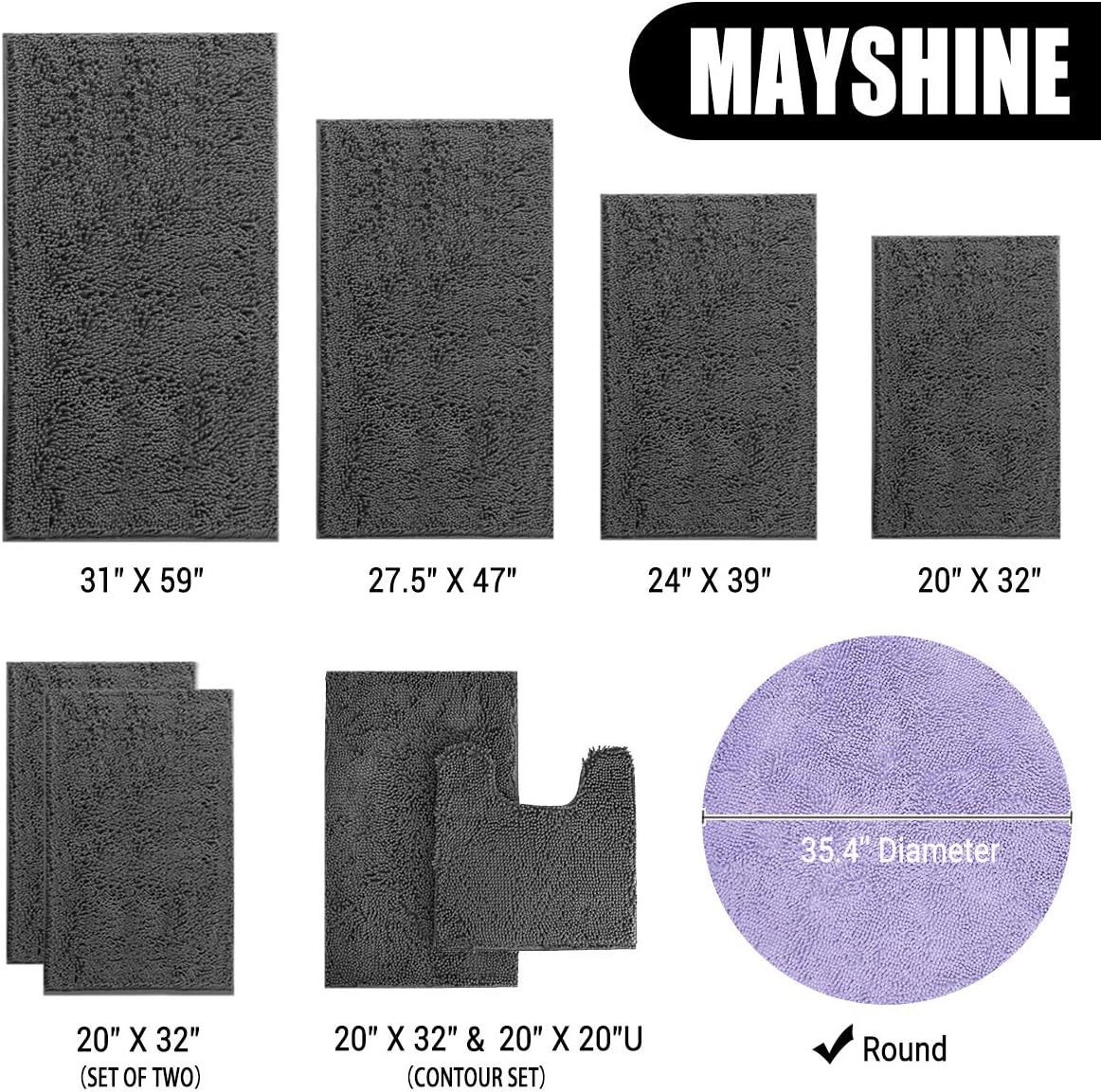 MAYSHINE Round Area Rug Set for Bathroom | Soft Plush Chenille Bath Mat, Water Absorbent Non-Slip Bathroom Rug | Washable Shag Carpet for Shower, Bedroom, or Home Décor | 36"x36" Round | Lavender