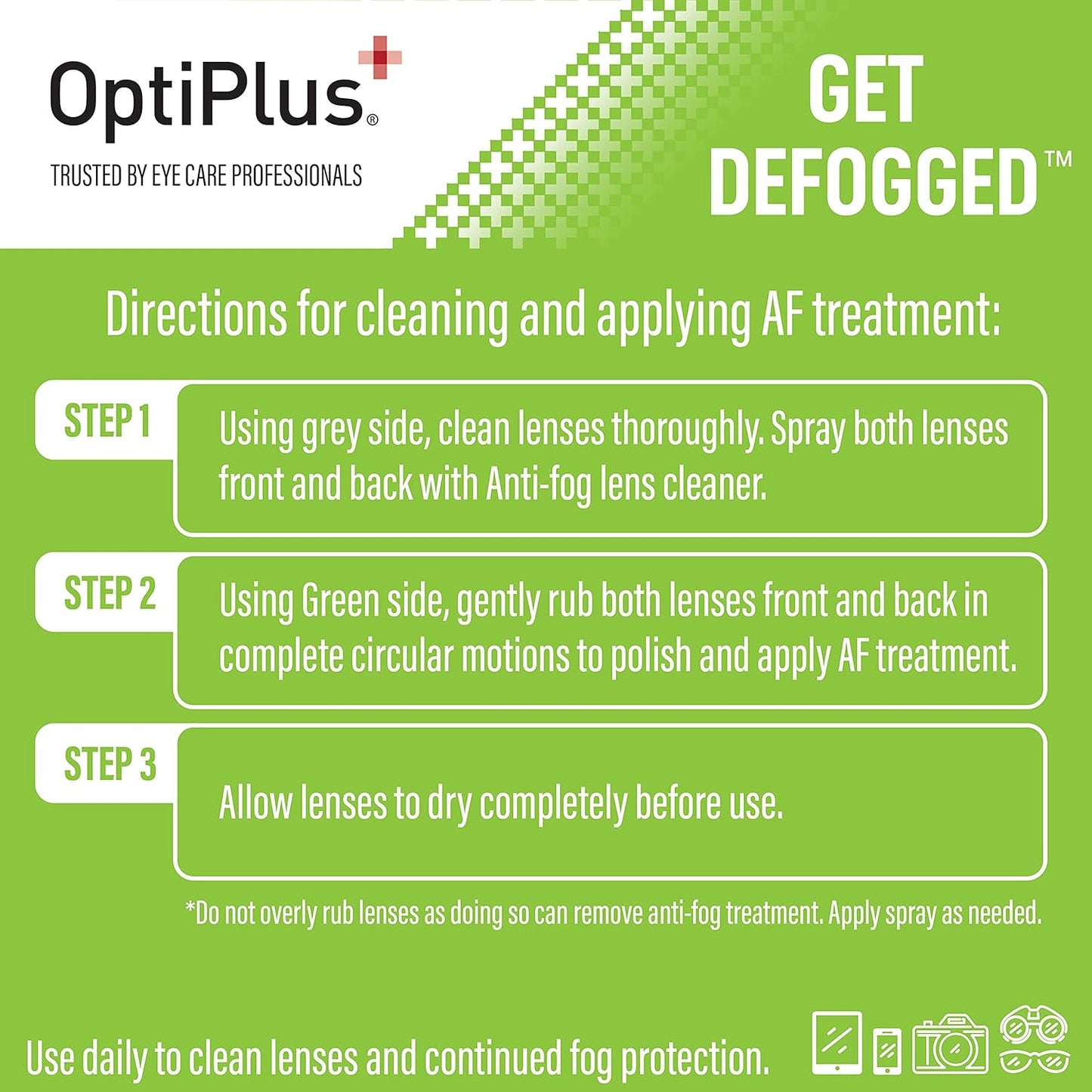 OptiPlus Anti-Fog Lens Cleaning Spray and Dual Microfiber Cloth | Streak-Free Cleaner and Defogging Spray for Glasses, Laptops Screens, Smart Phones, Optical Lens, Goggles, and Watch Screen l 2oz