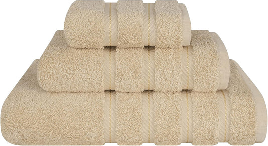 American Soft Linen Premium 3 Piece Towel Set, 1 Bath Towel 1 Hand Towel 1 Washcloth, 600 GSM 100% Cotton Turkish Towels for Bathroom, Beige Towel Set