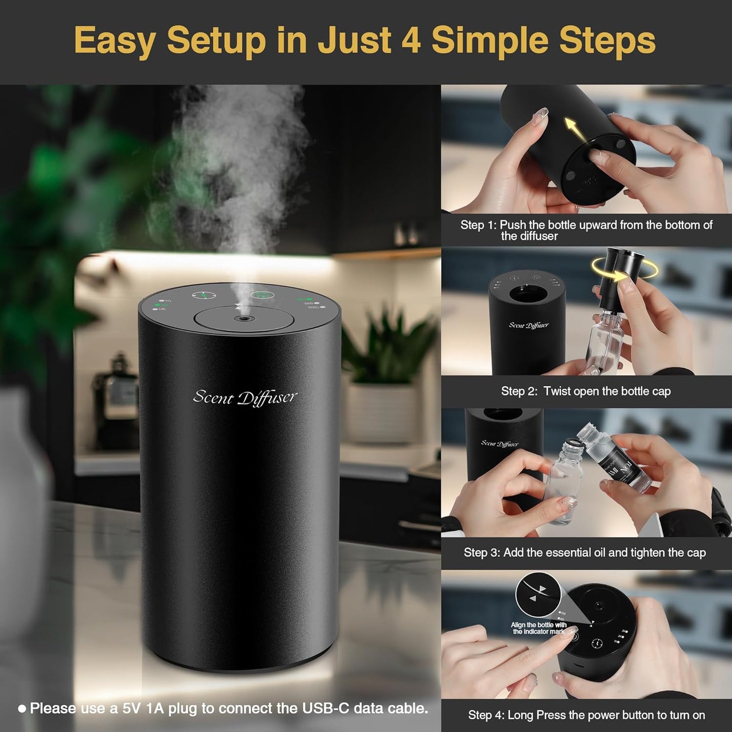 Waterless Essential Oil Diffuser Starter Kit - No Water Needed, Battery Operated Mini Scent Air Machine, Included 3x20ML Essential Oils, Portable Aromatherapy Diffuser for Home & Car & Office, Black